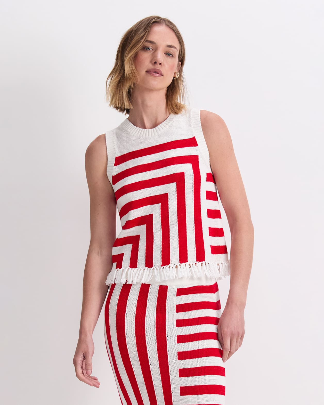 Avoca Fringe Knit Top in WHITE/RED