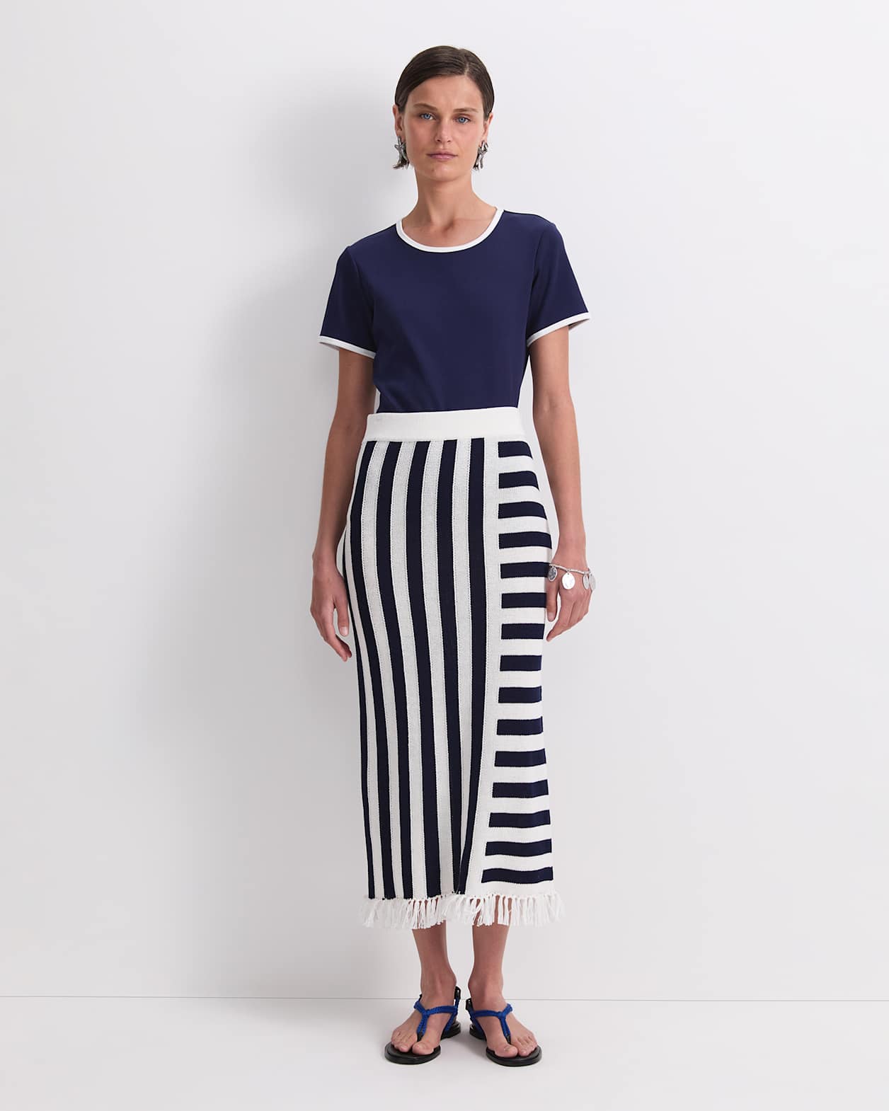 Avoca Fringe Knit Midi Skirt in WHITE/NAVY