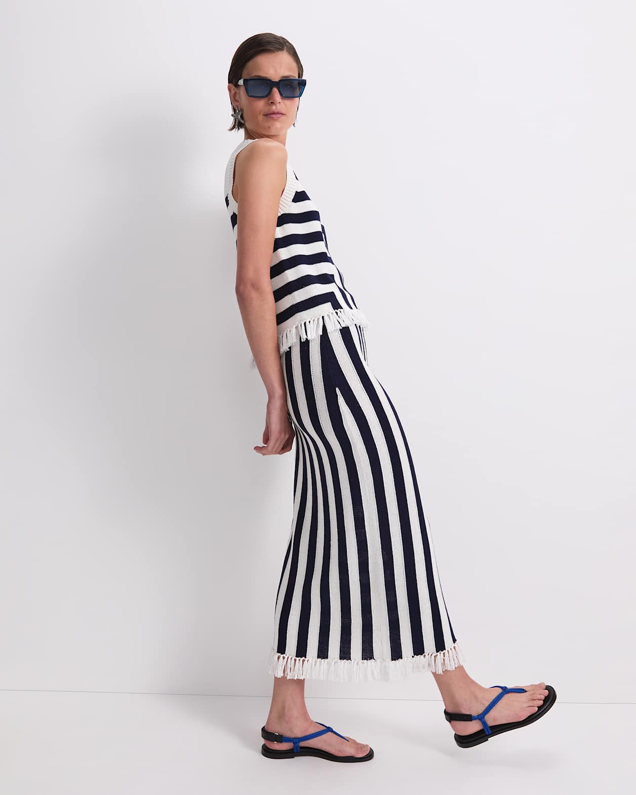 Avoca Fringe Knit Midi Skirt in WHITE/NAVY