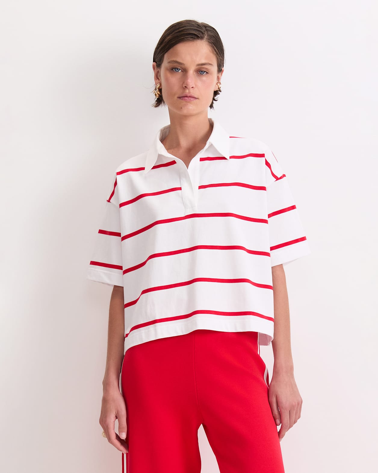 Short Sleeve Rugby Tee in WHITE/RED
