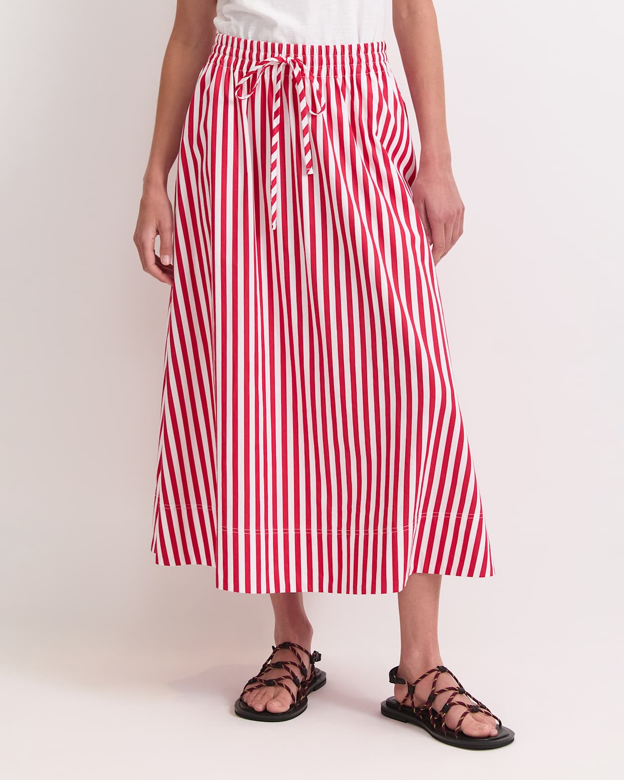 Avery Stripe Midi Skirt in RED/WHITE