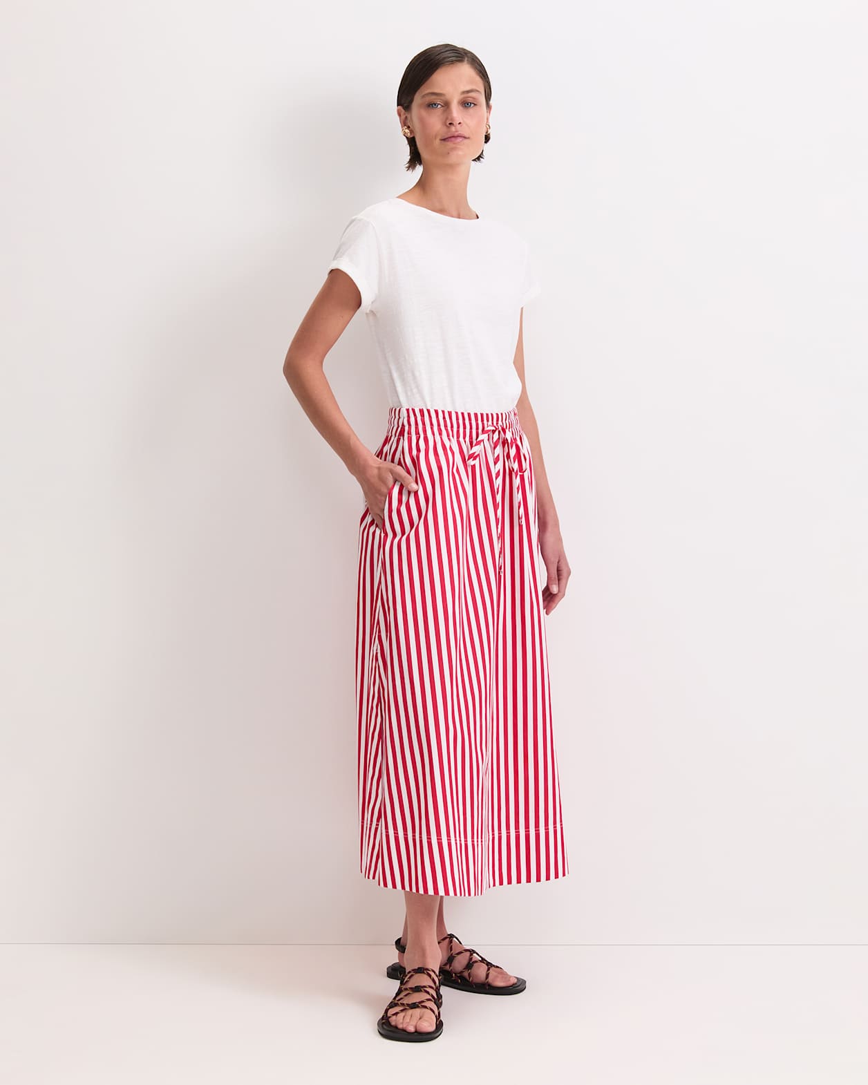 Avery Stripe Midi Skirt in RED/WHITE