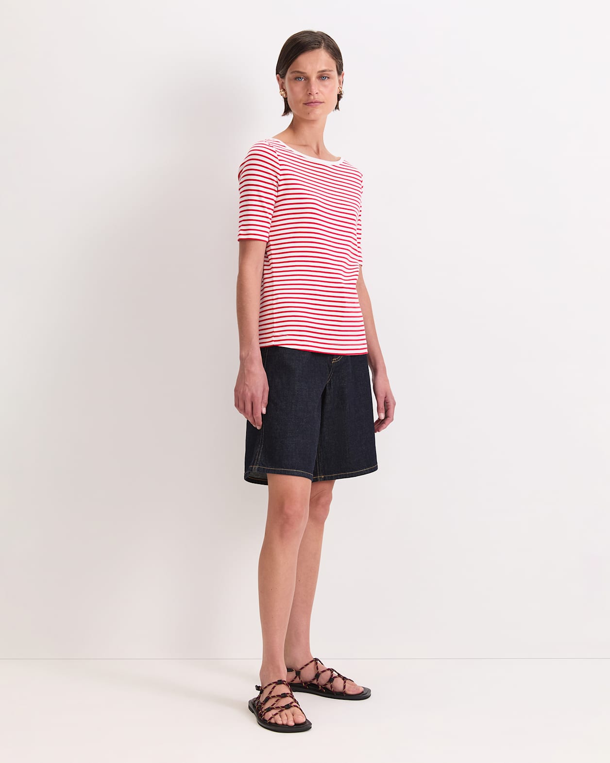 Heidi Boat Neck Half Sleeve Tee in WHITE/RED