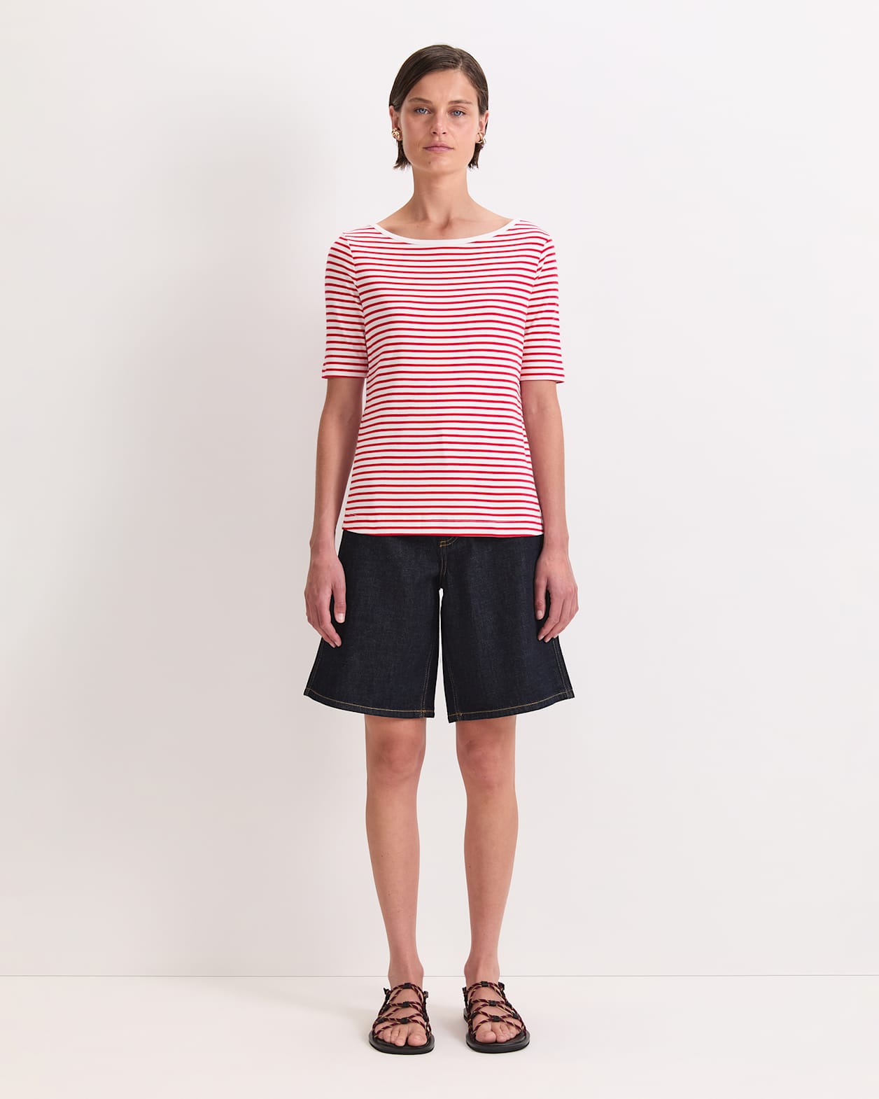 Heidi Boat Neck Half Sleeve Tee in WHITE/RED