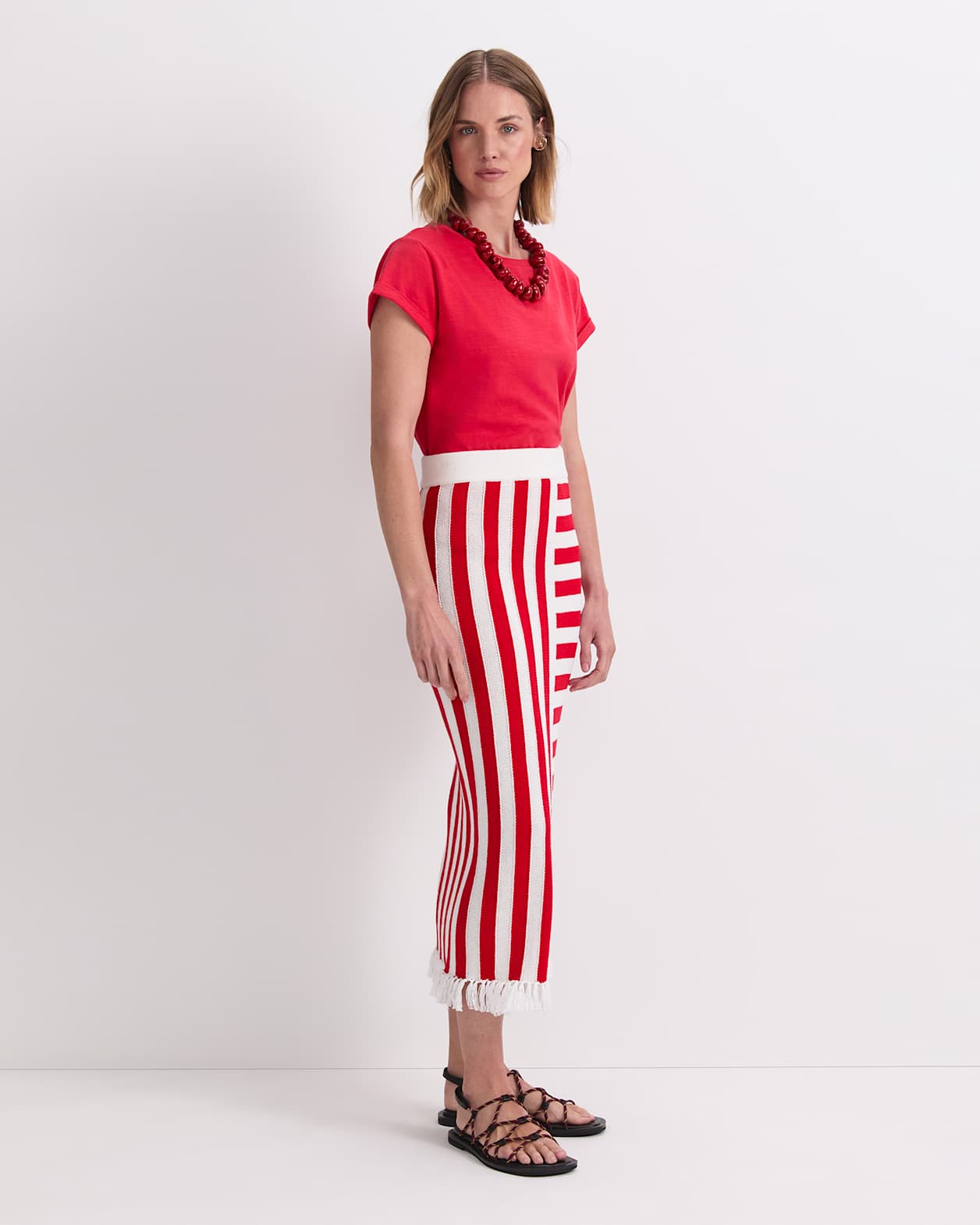 Avoca Fringe Knit Midi Skirt in WHITE/RED