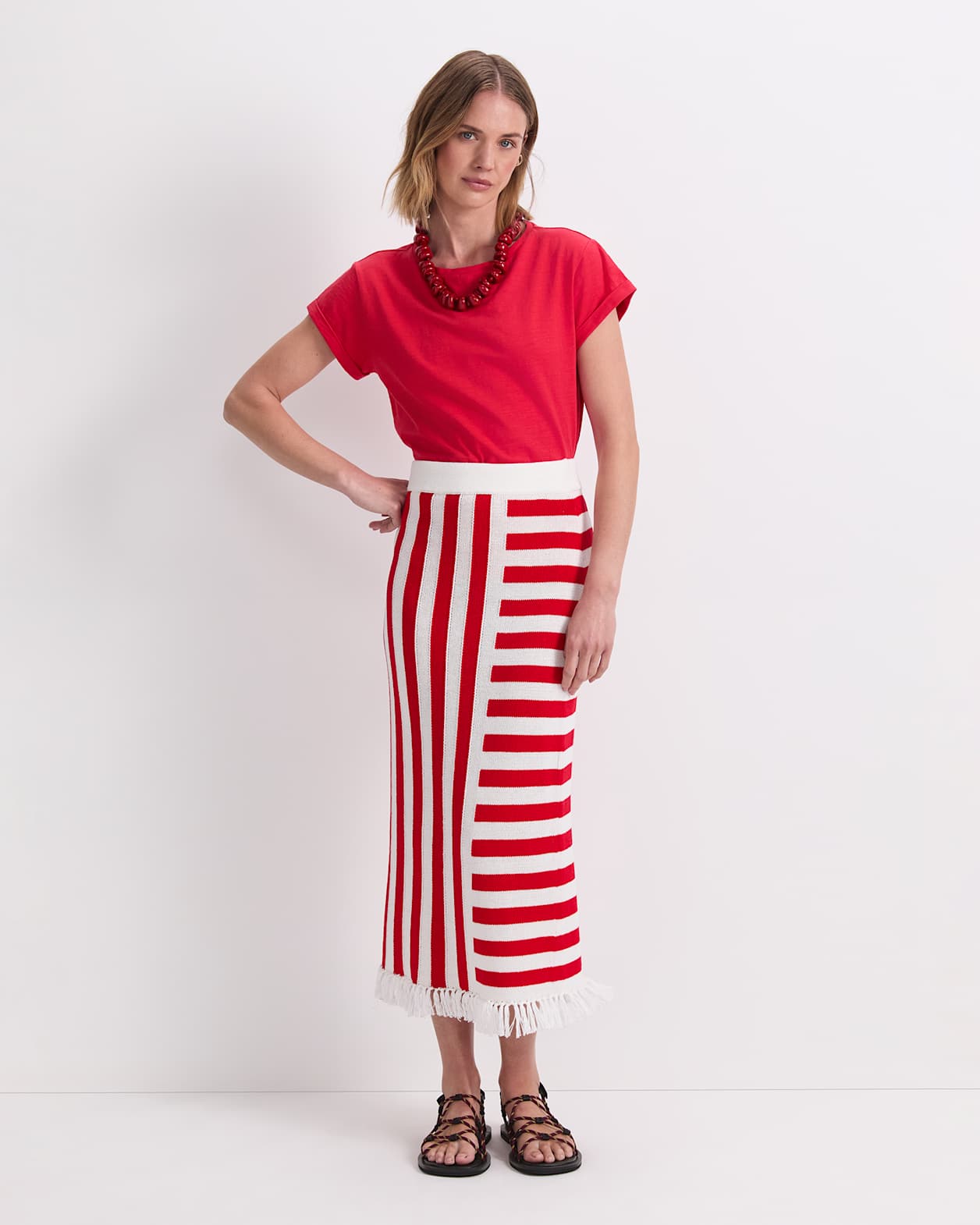 Avoca Fringe Knit Midi Skirt in WHITE/RED