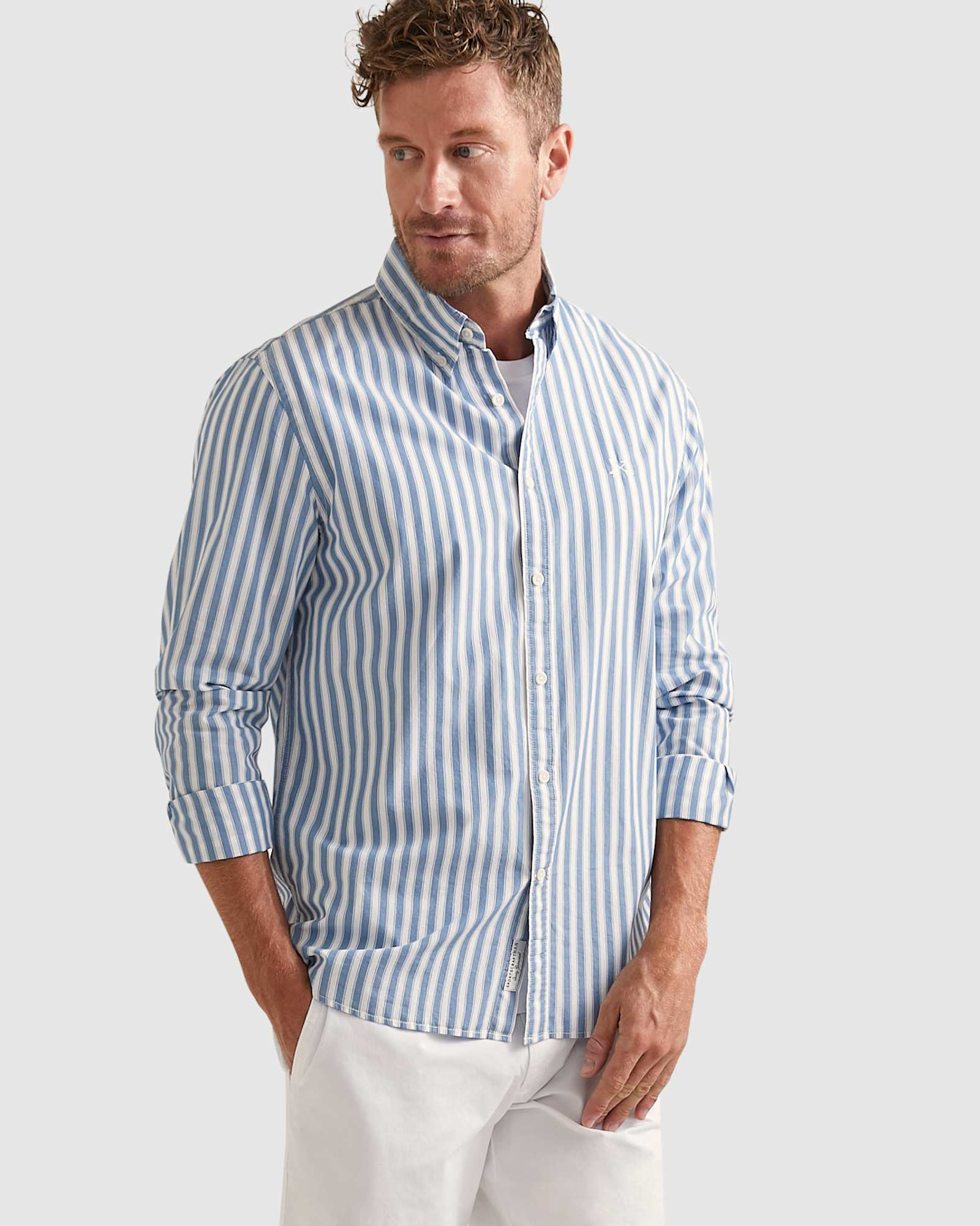 Long Sleeve Broadcloth Shirt in WHITE/BLUE