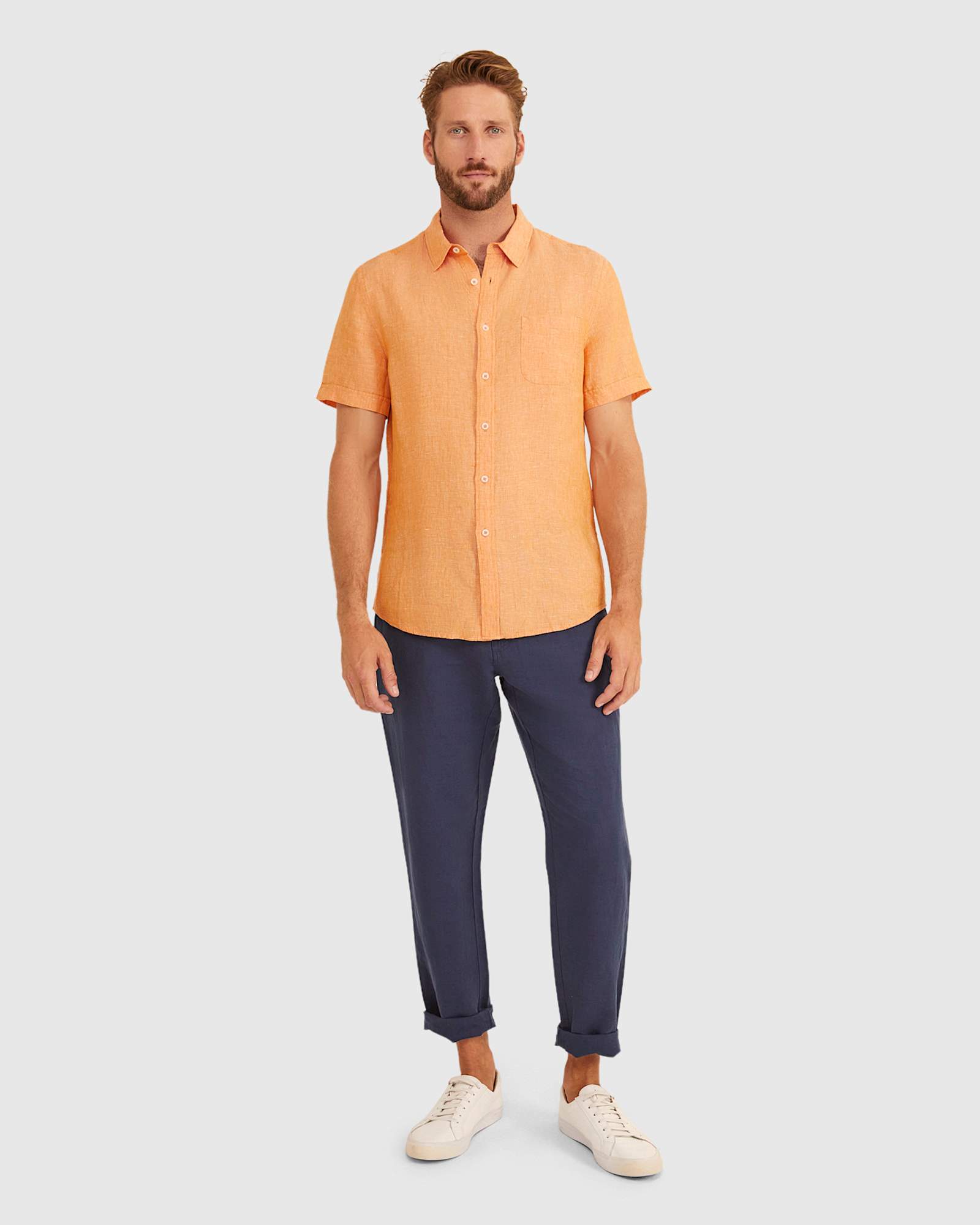Yarn Dyed Linen Short Sleeve Shirt in MANDARIN