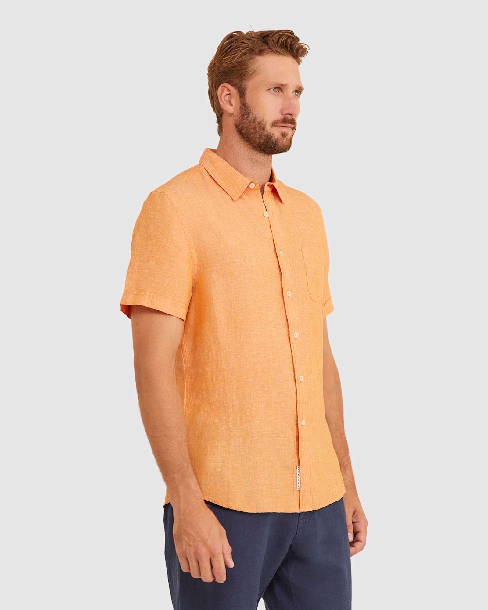 Yarn Dyed Linen Short Sleeve Shirt in MANDARIN