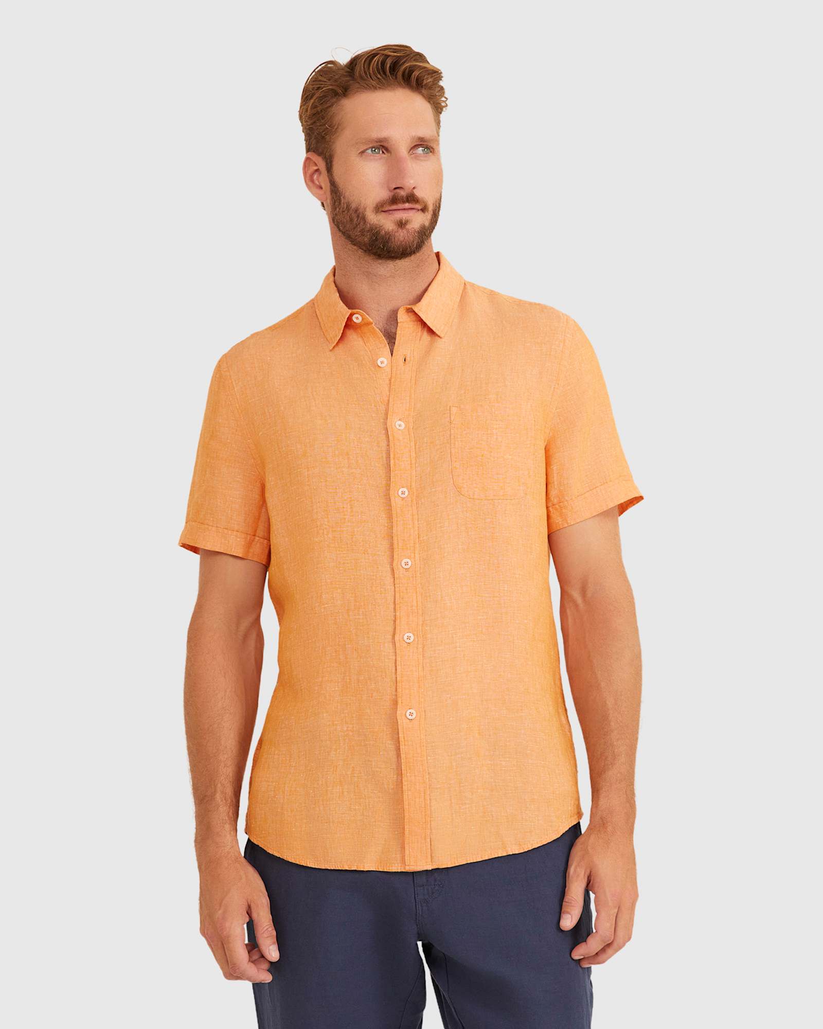 Yarn Dyed Linen Short Sleeve Shirt in MANDARIN