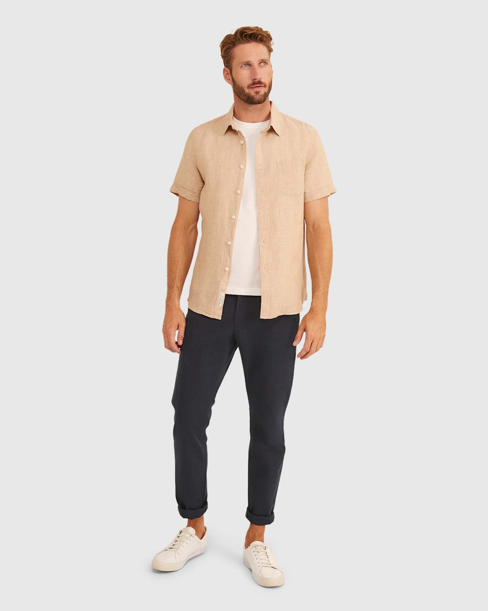 Yarn Dyed Linen Short Sleeve Shirt in LIGHT TAUPE