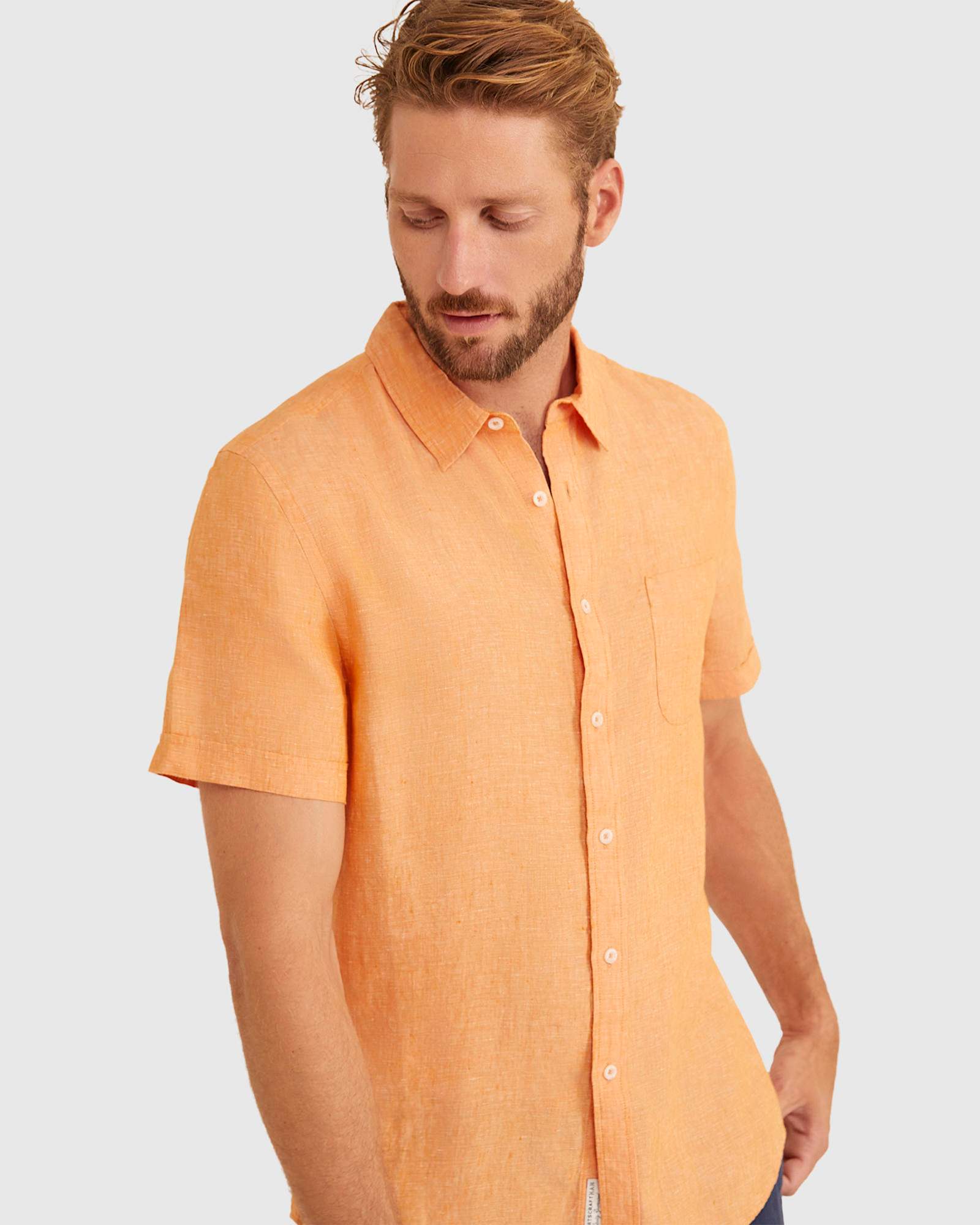 Yarn Dyed Linen Short Sleeve Shirt in MANDARIN