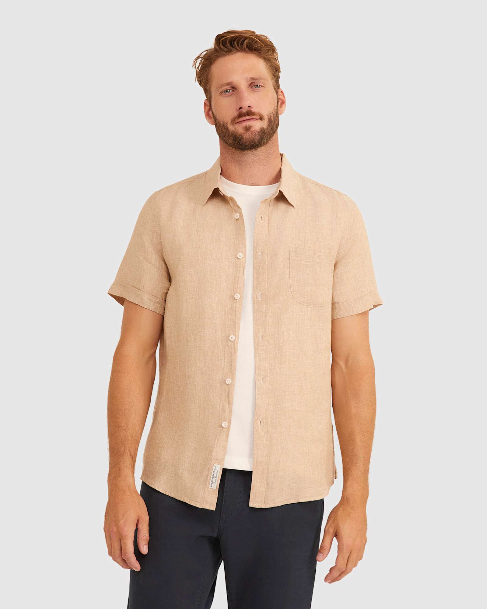 Yarn Dyed Linen Short Sleeve Shirt in LIGHT TAUPE