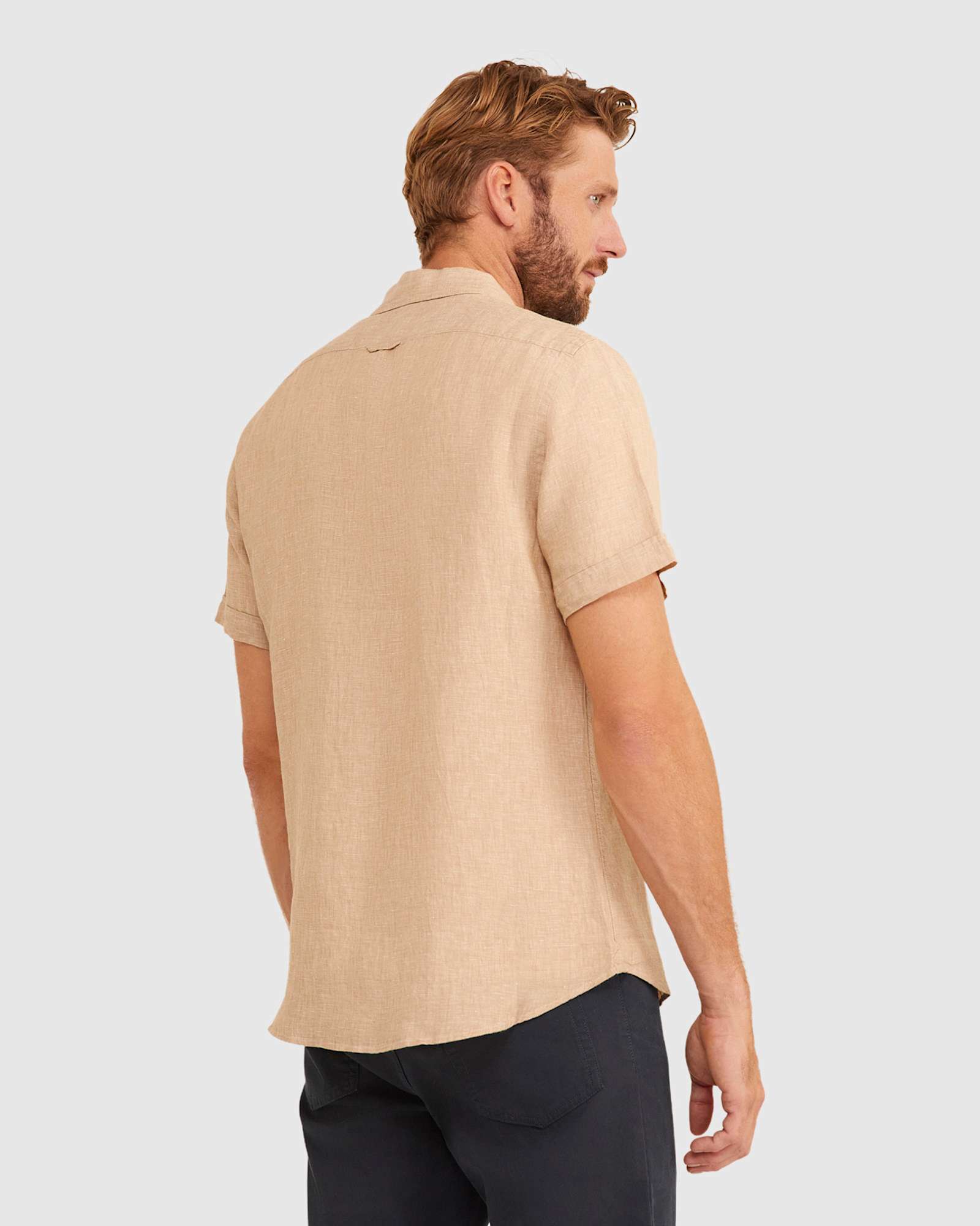 Yarn Dyed Linen Short Sleeve Shirt in LIGHT TAUPE
