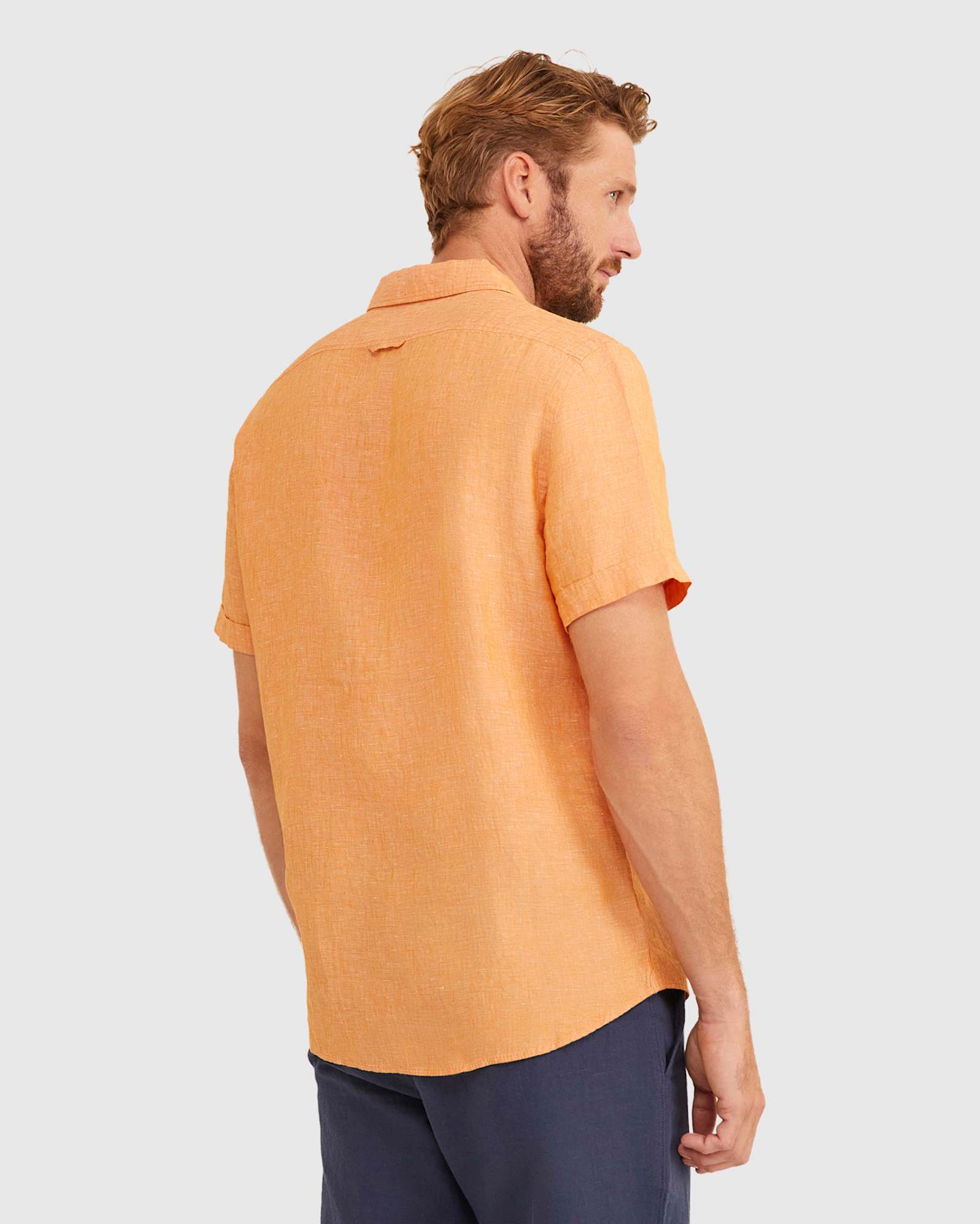 Yarn Dyed Linen Short Sleeve Shirt in MANDARIN