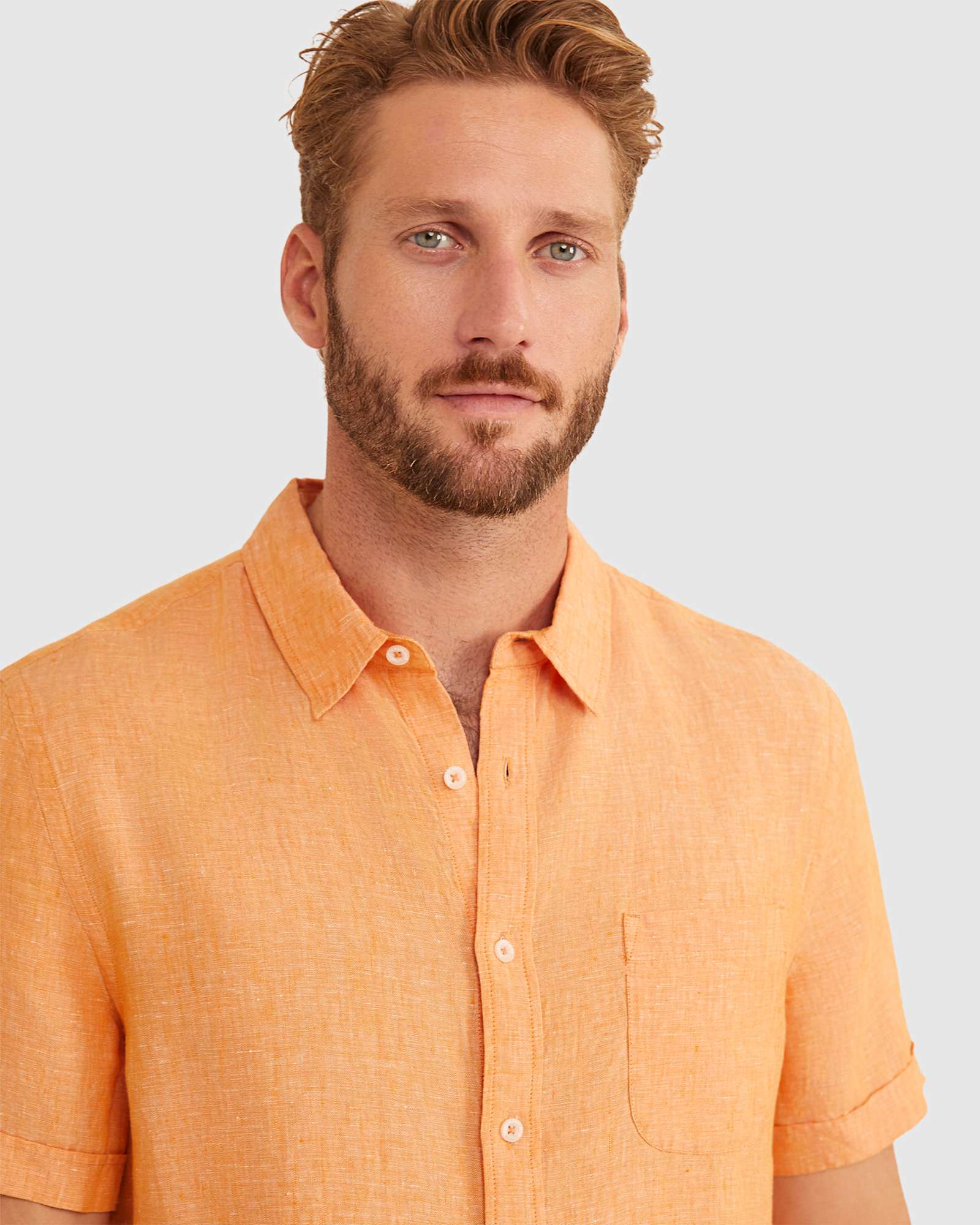 Yarn Dyed Linen Short Sleeve Shirt in MANDARIN