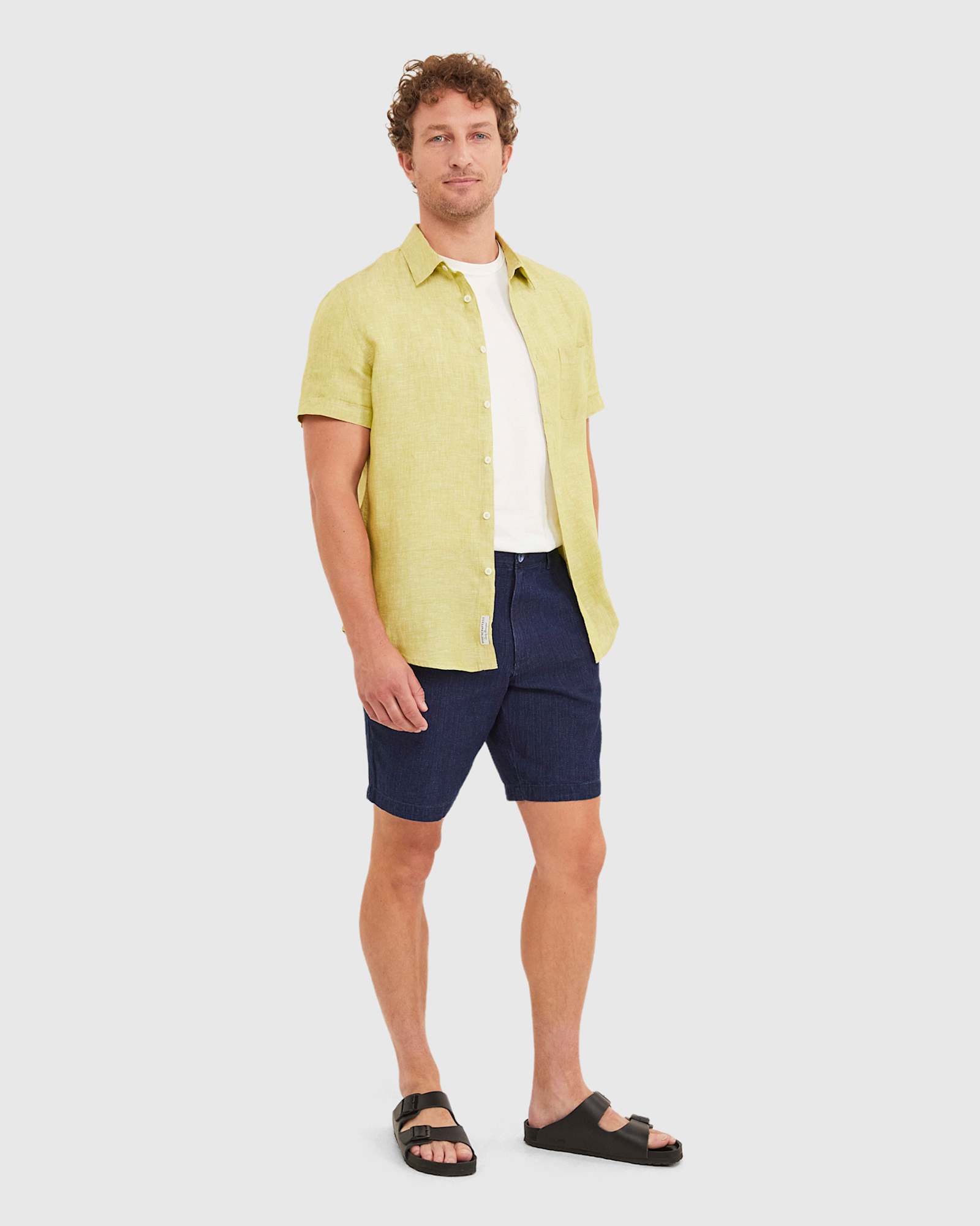 Yarn Dyed Linen Short Sleeve Shirt in CHARTREUSE