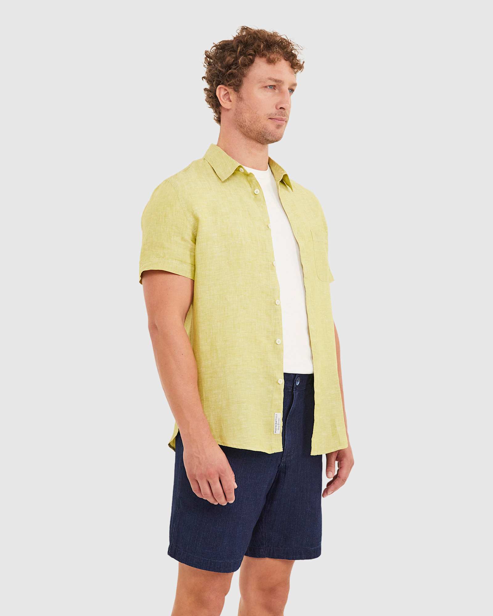 Yarn Dyed Linen Short Sleeve Shirt in CHARTREUSE
