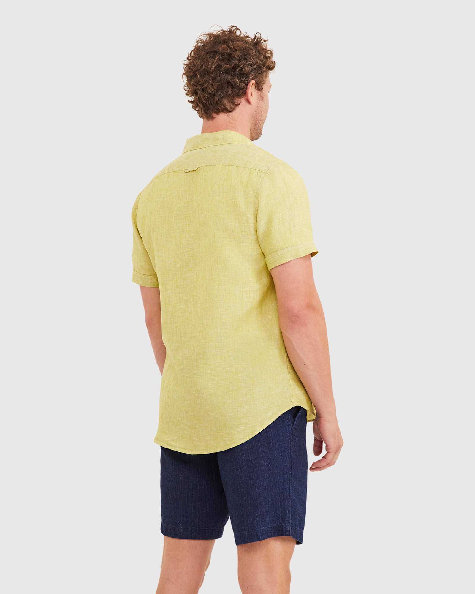 Yarn Dyed Linen Short Sleeve Shirt in CHARTREUSE
