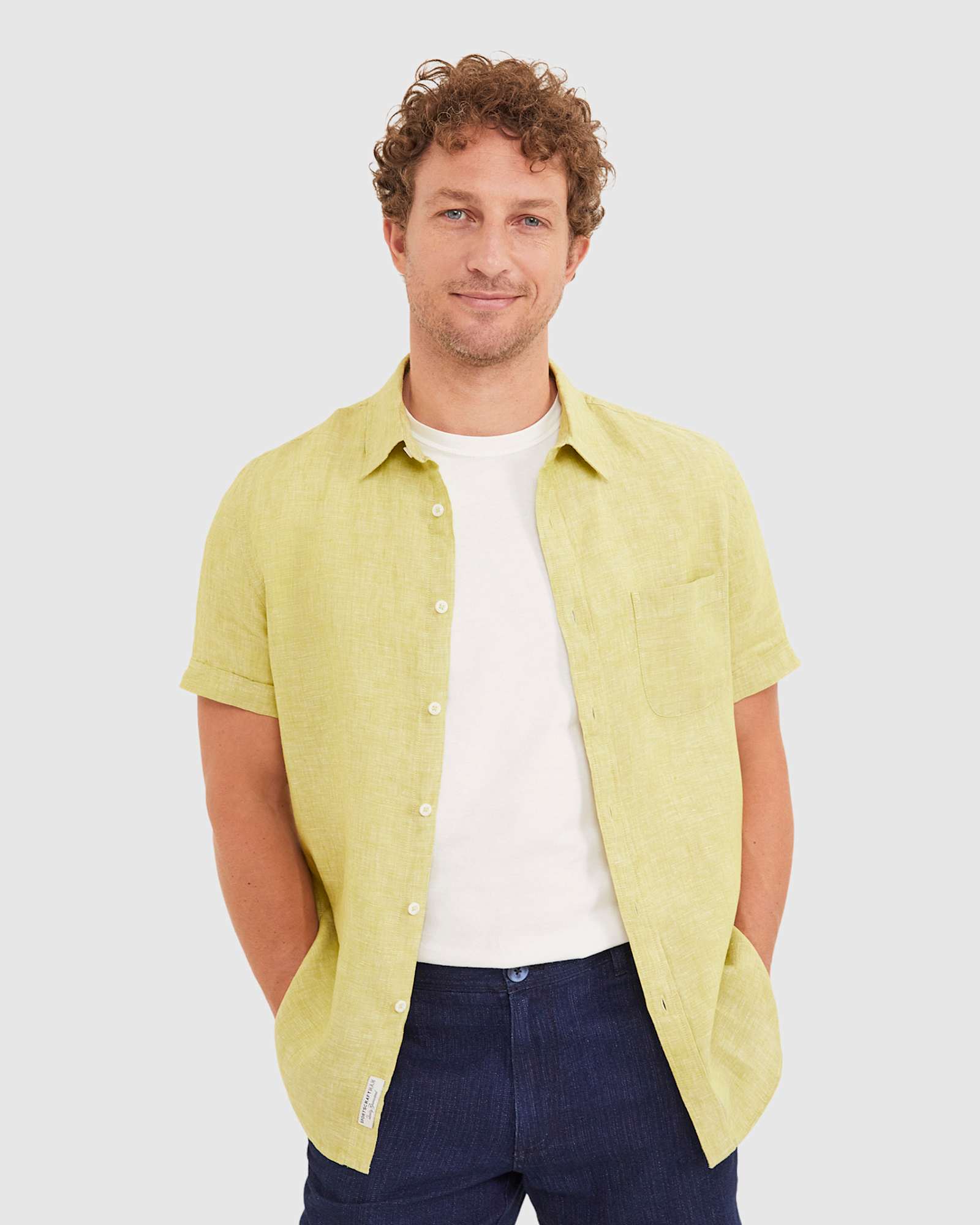 Yarn Dyed Linen Short Sleeve Shirt in CHARTREUSE