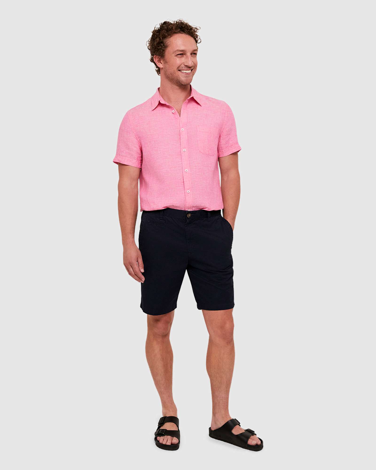 Yarn Dyed Linen Short Sleeve Shirt in CAMPARI