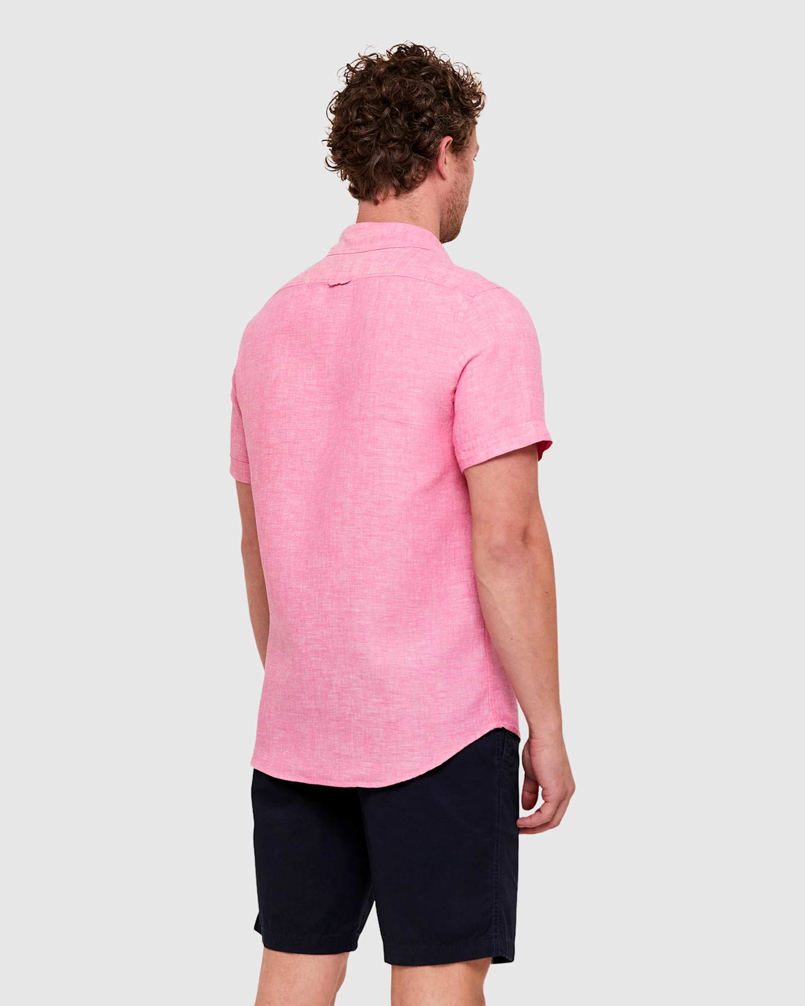 Yarn Dyed Linen Short Sleeve Shirt in CAMPARI