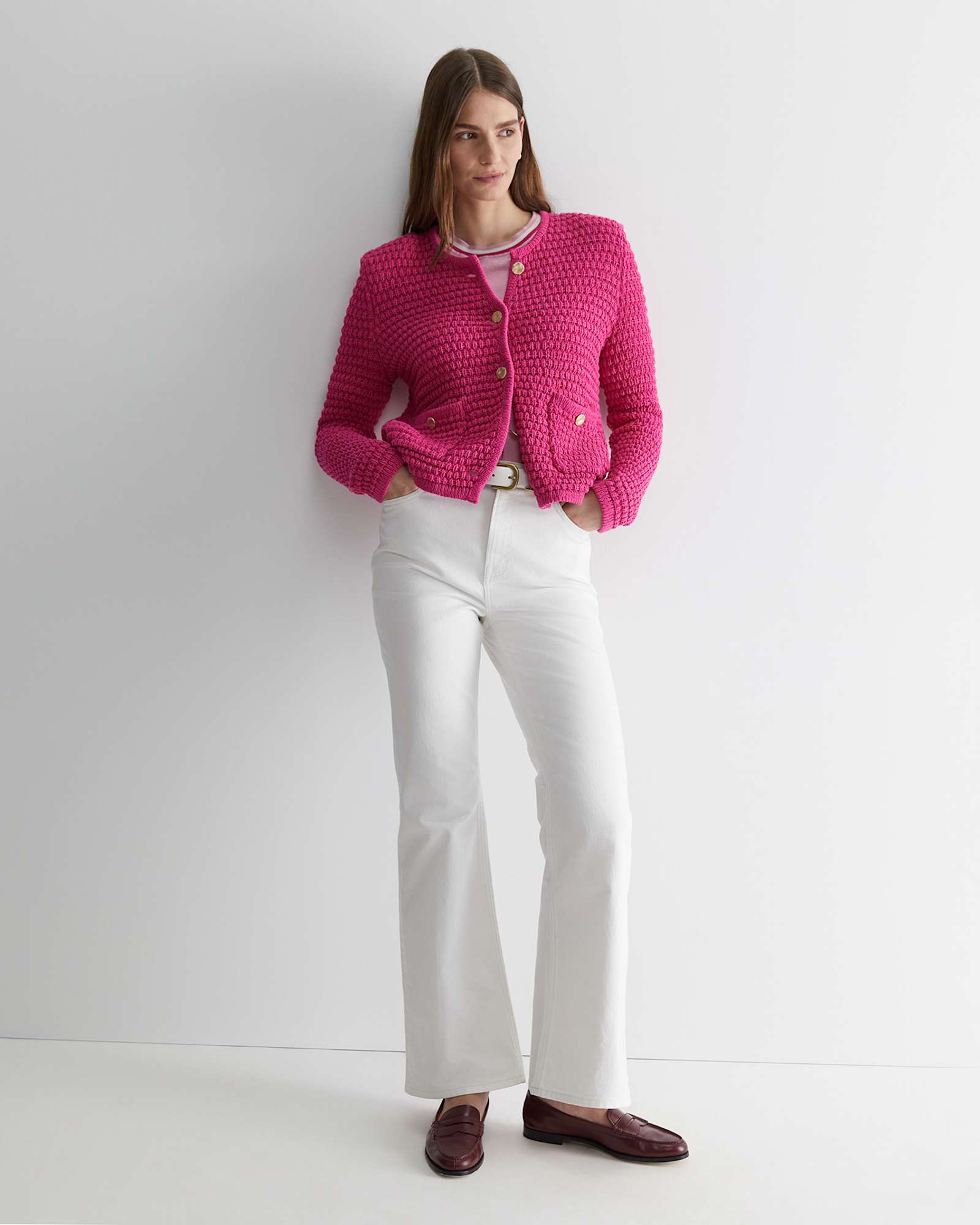 Olivia Tape Yarn Cardigan in CERISE