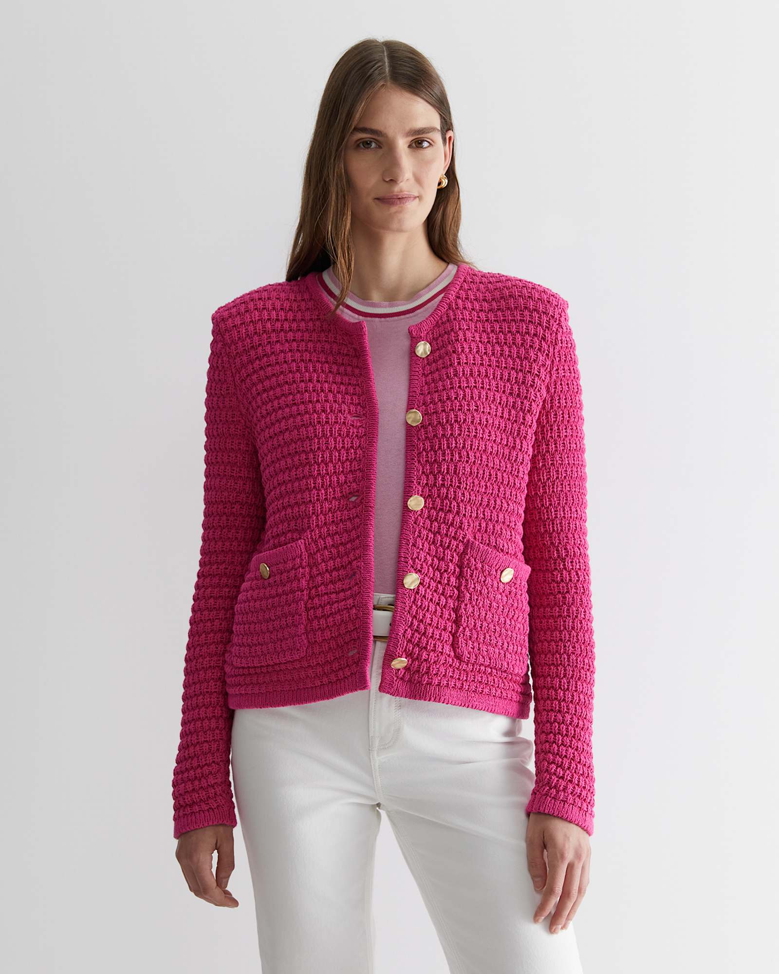 Olivia Tape Yarn Cardigan in CERISE