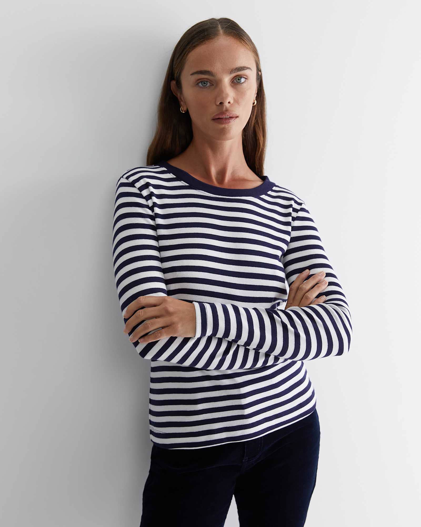 Heidi Long Sleeve Rib Tee in NAVY/WHITE