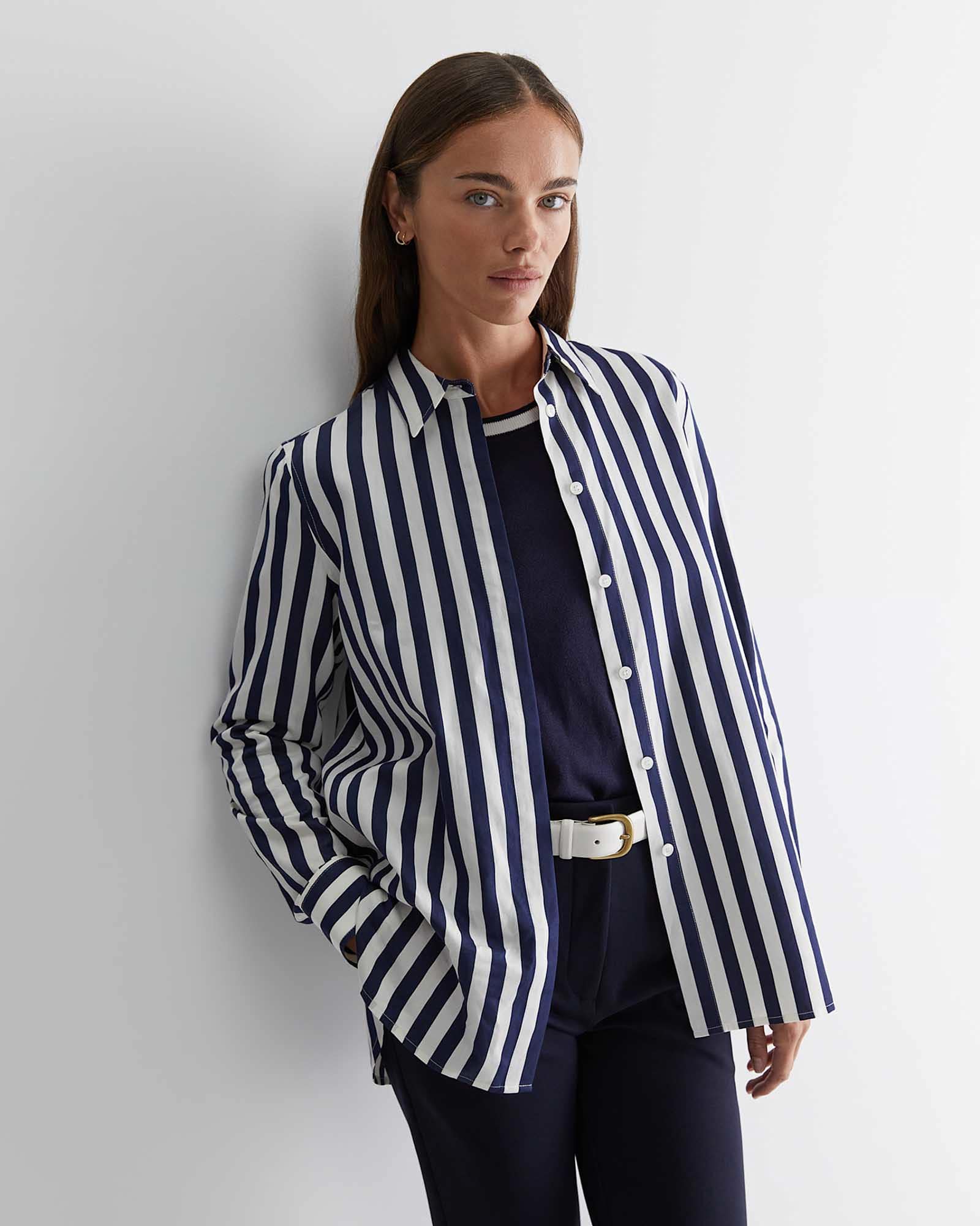 Hayley Stripe Cotton Silk Shirt in NAVY/WHITE