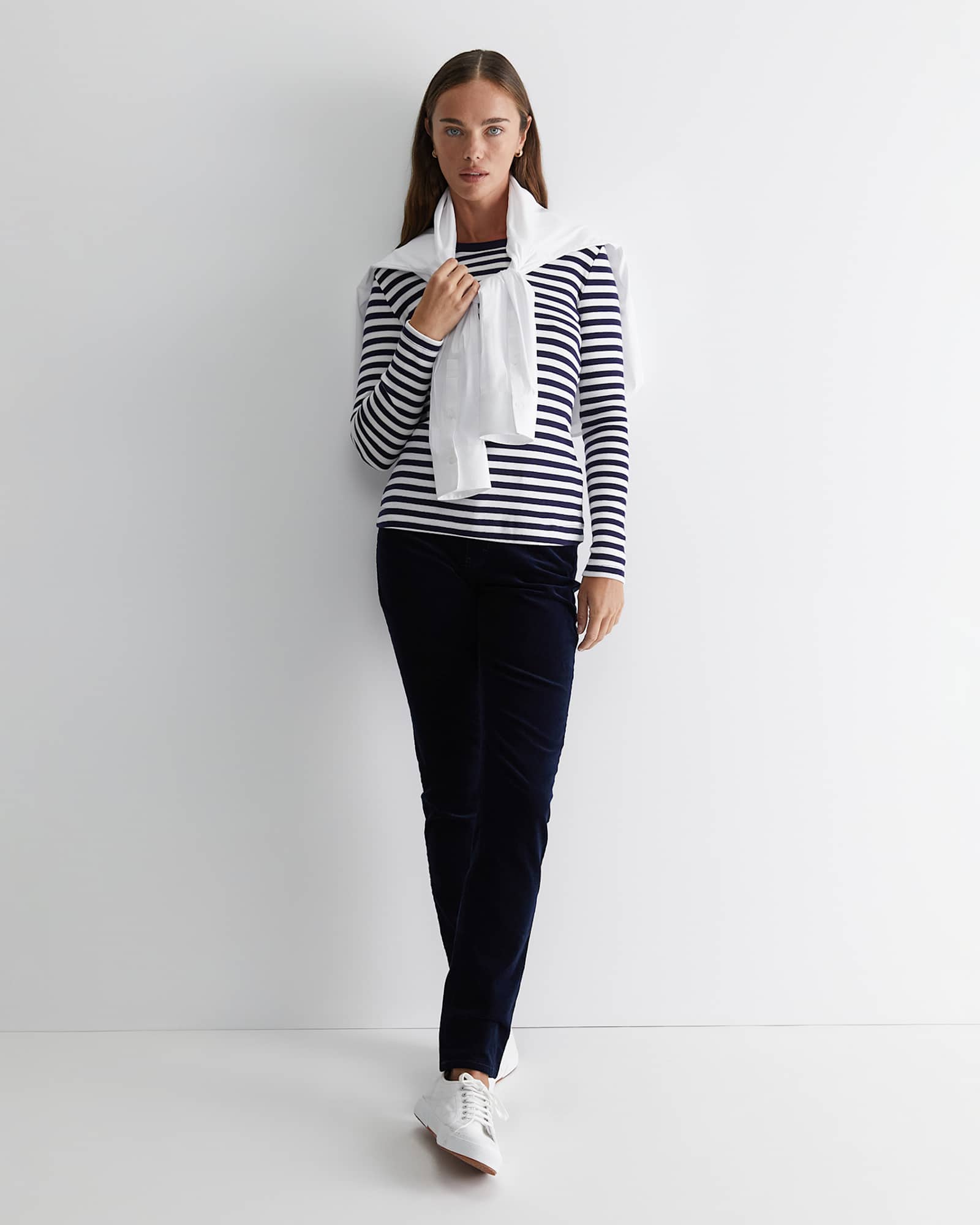 Heidi Long Sleeve Rib Tee in NAVY/WHITE