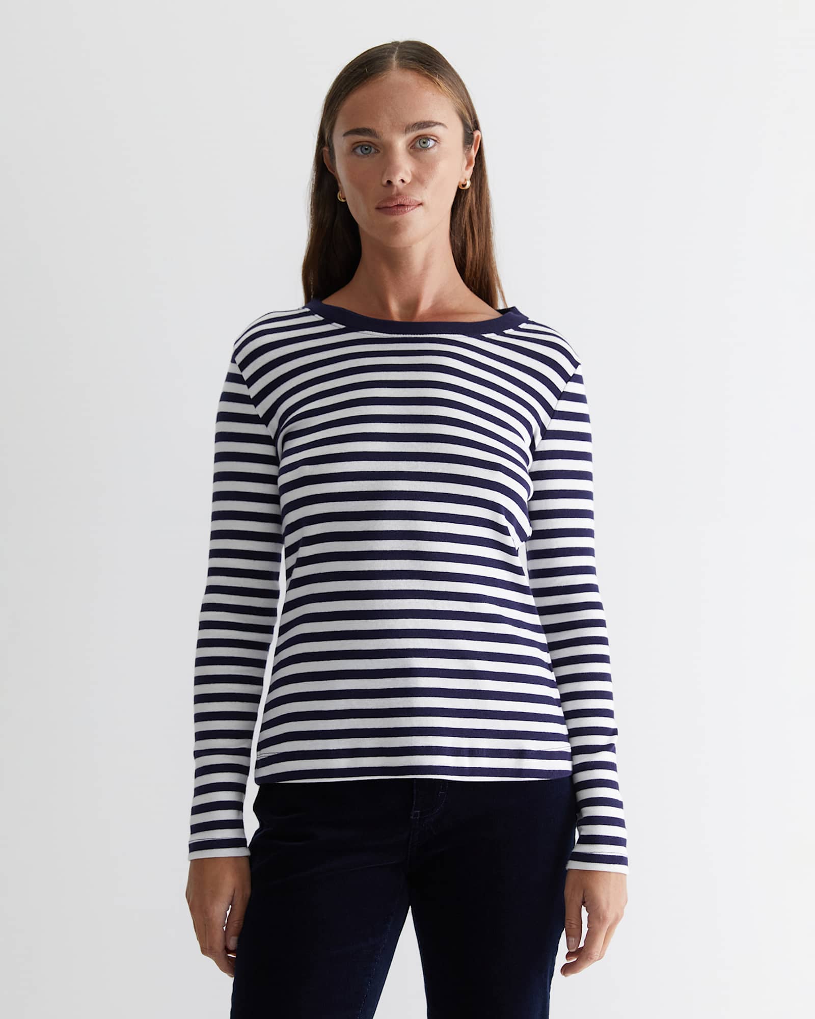 Heidi Long Sleeve Rib Tee in NAVY/WHITE