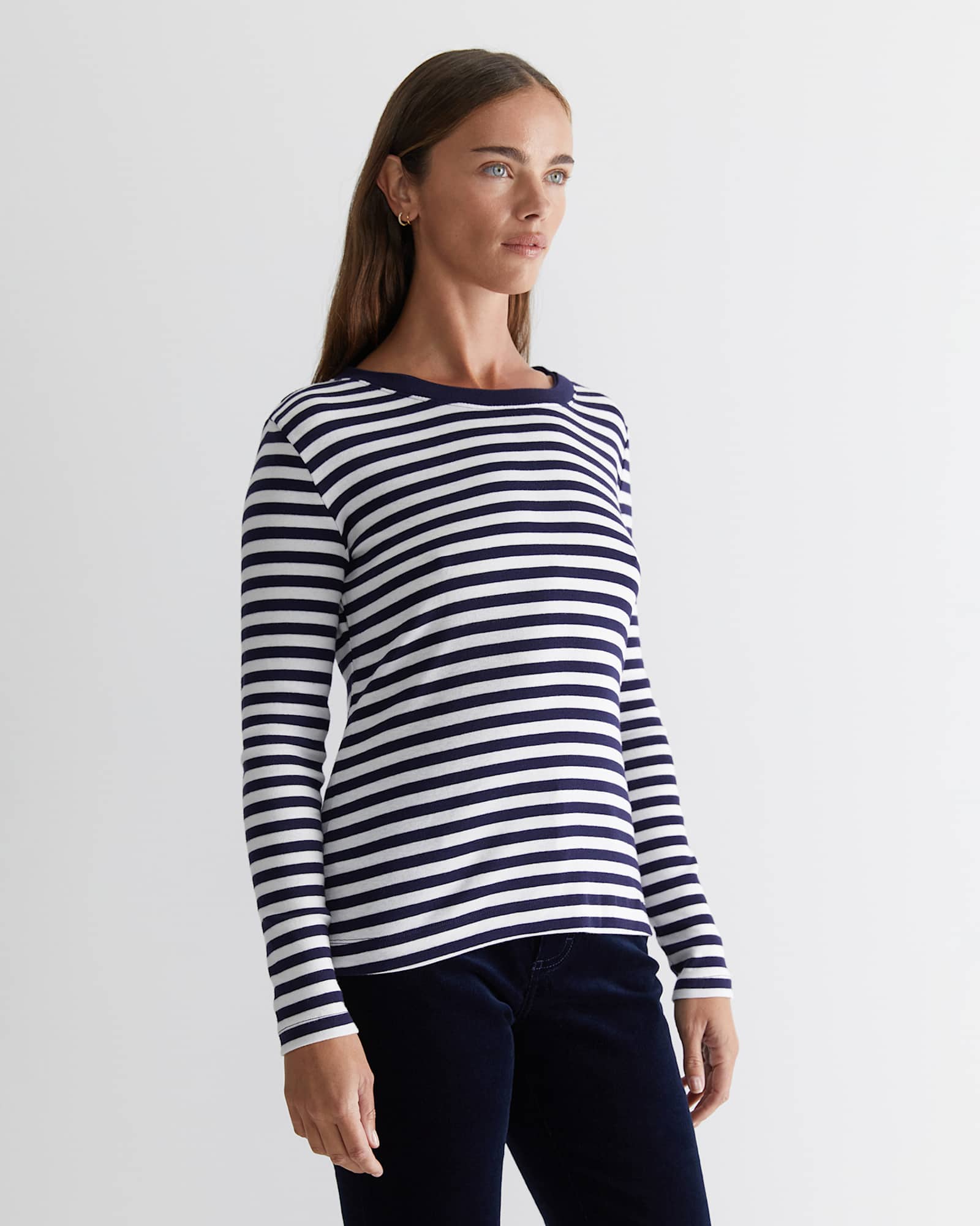 Heidi Long Sleeve Rib Tee in NAVY/WHITE