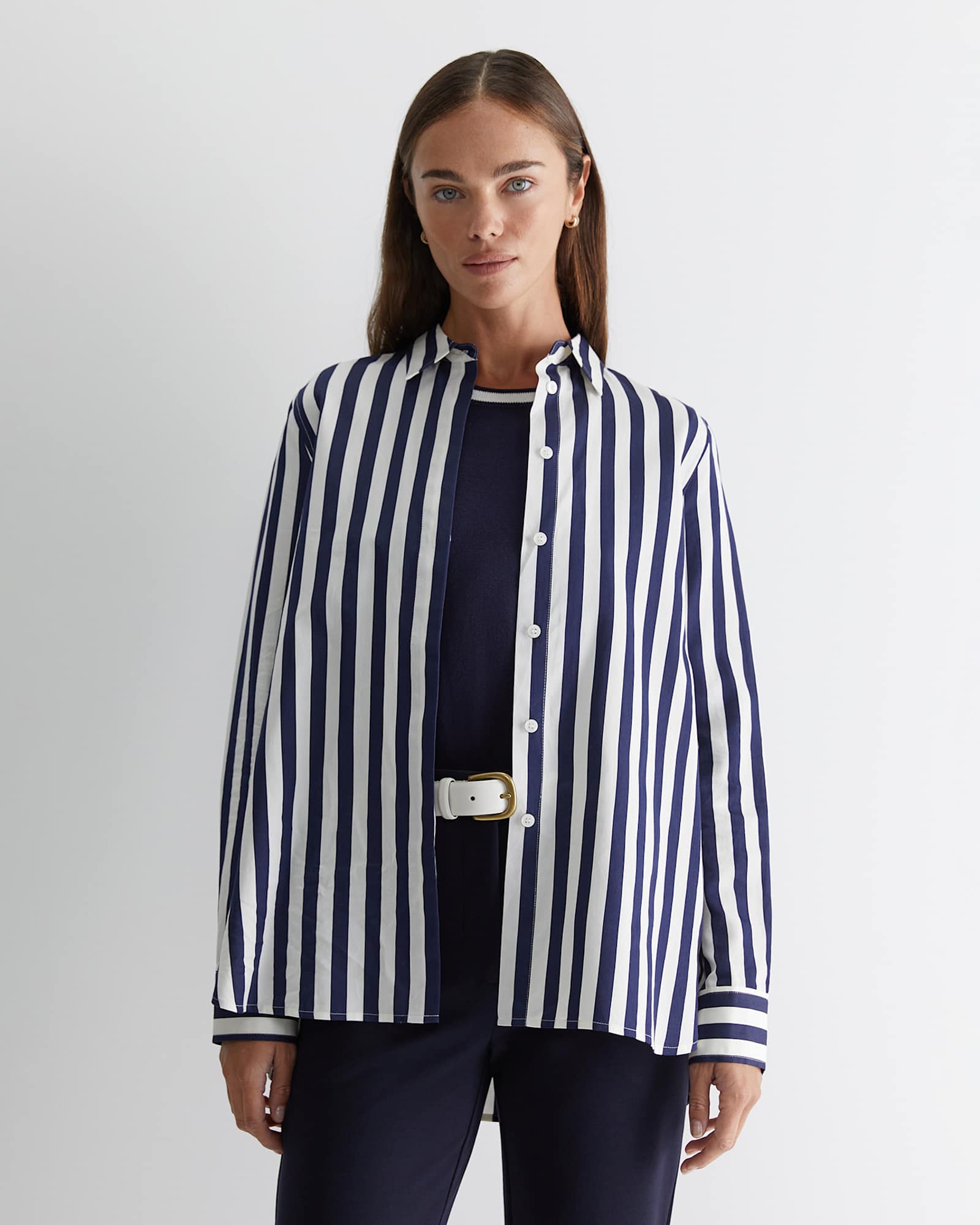 Hayley Stripe Cotton Silk Shirt in NAVY/WHITE