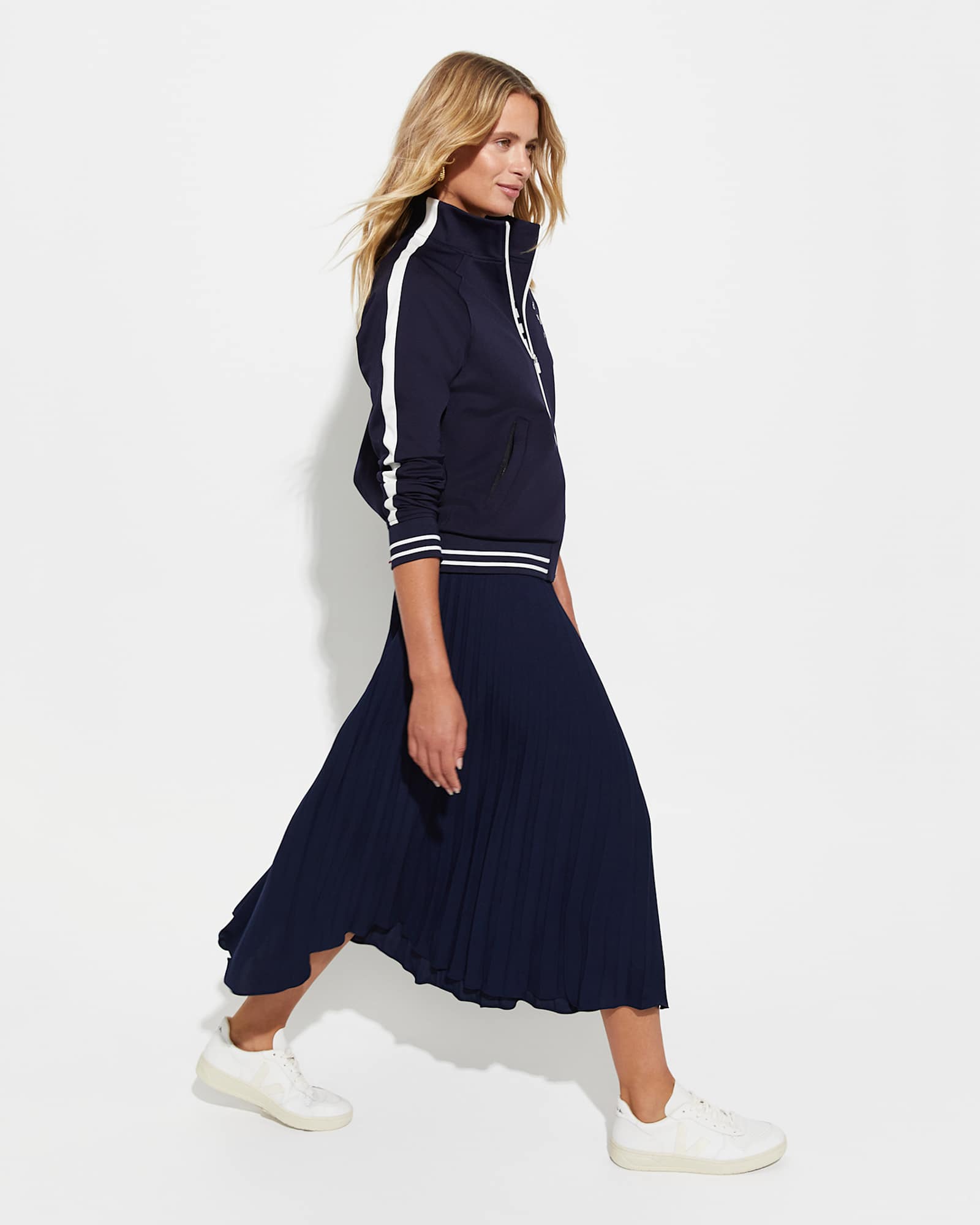 Andrea Pleat Midi Skirt in NAVY