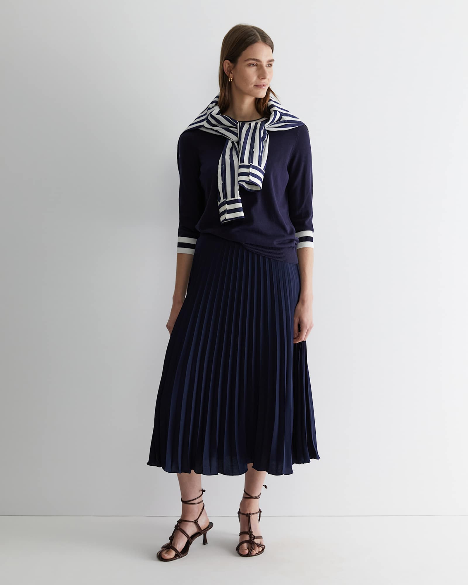 Andrea Pleat Midi Skirt in NAVY
