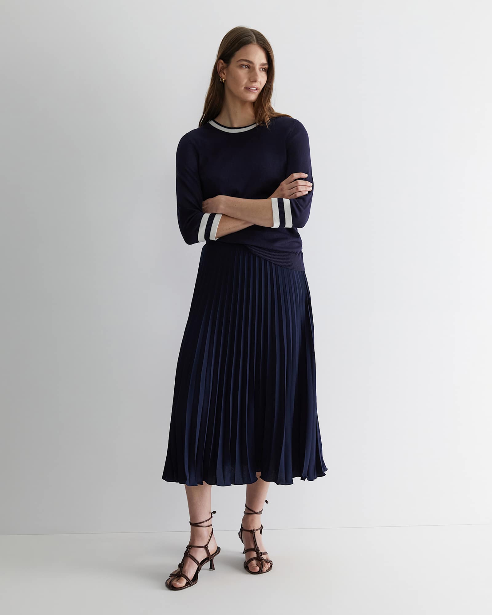 Andrea Pleat Midi Skirt in NAVY