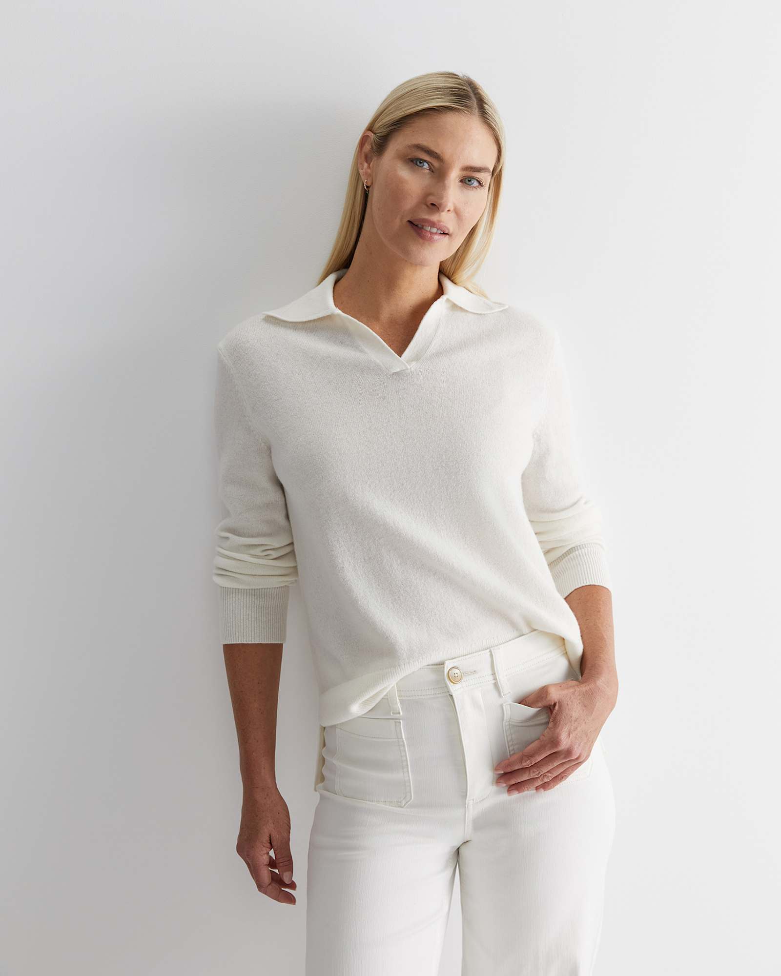 Sunshine Crochet Edge Sweater in WINTER WHITE