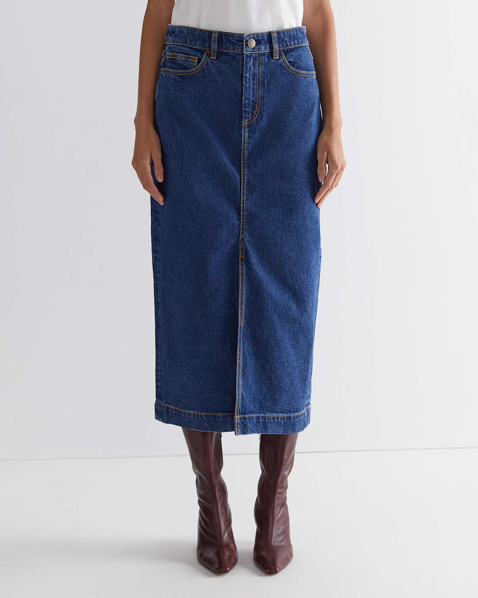 Gabi Denim Midi Skirt in HERITAGE BLUE