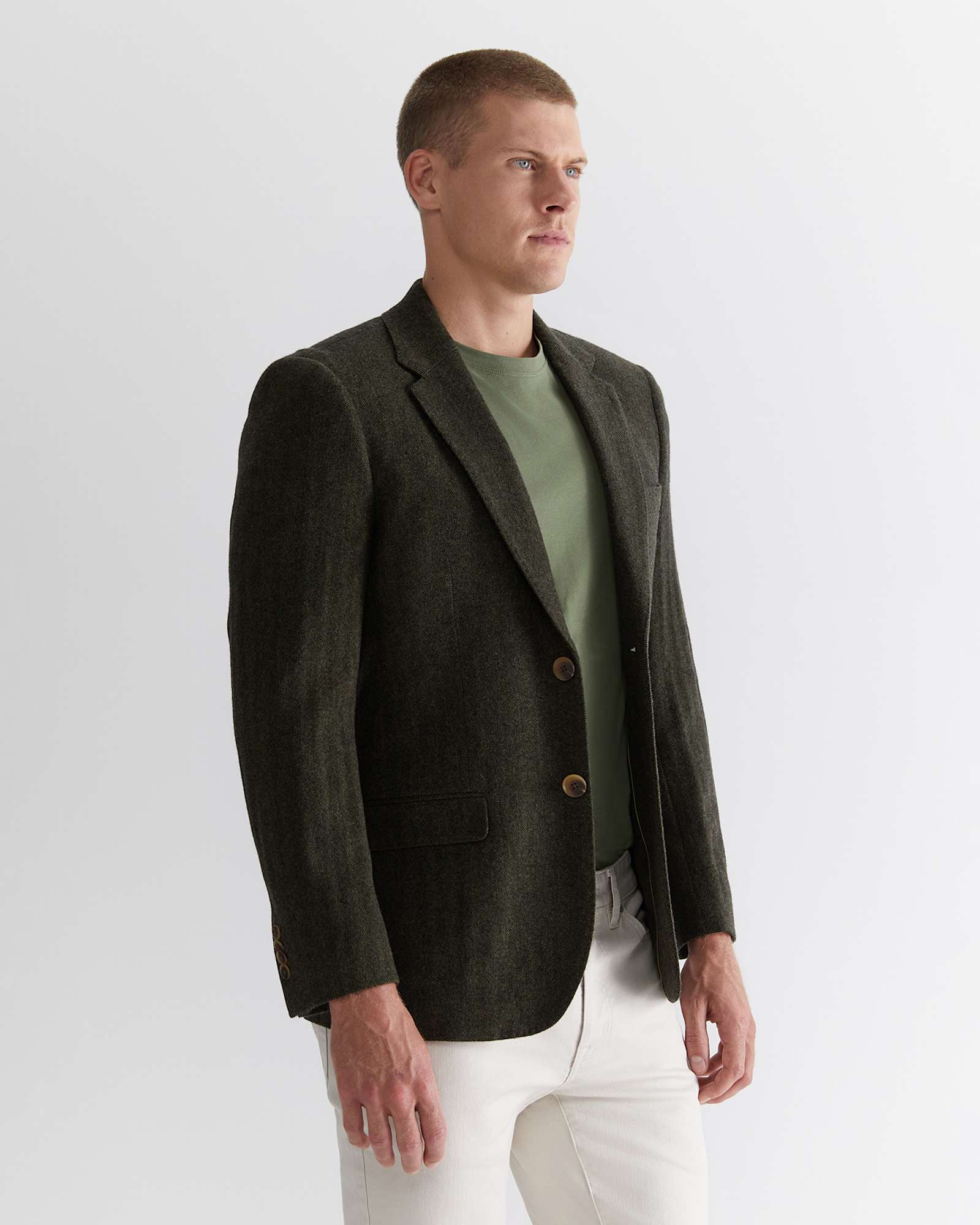 Herringbone Wool Blazer in MOSS