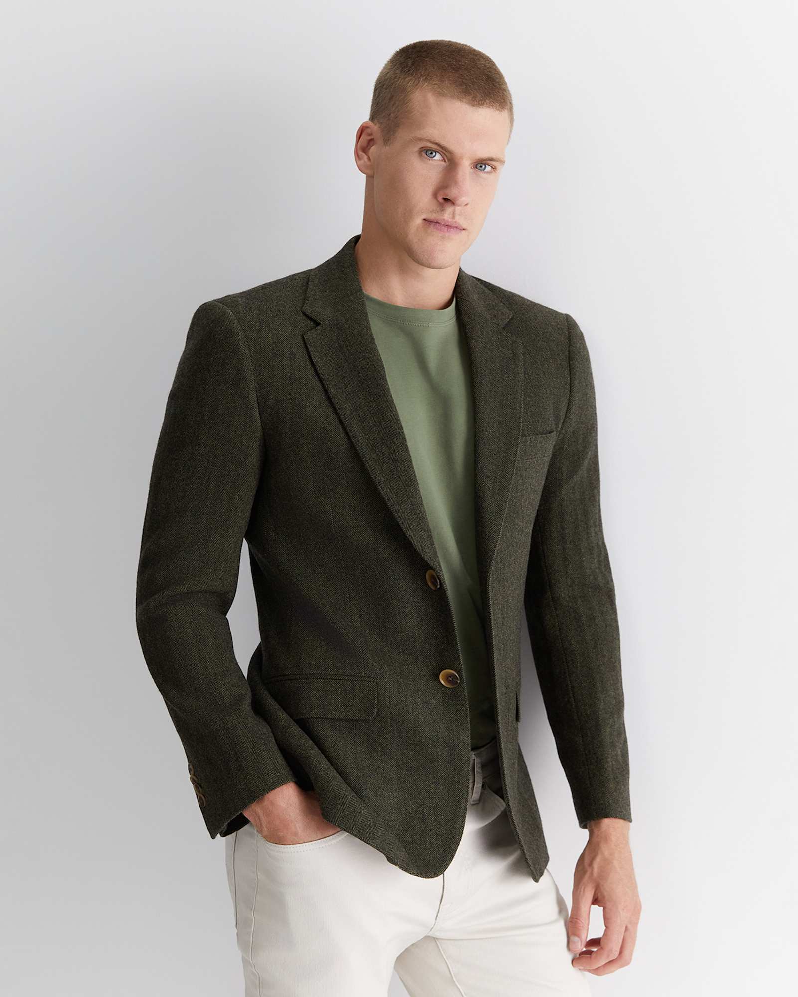 Herringbone Wool Blazer in MOSS