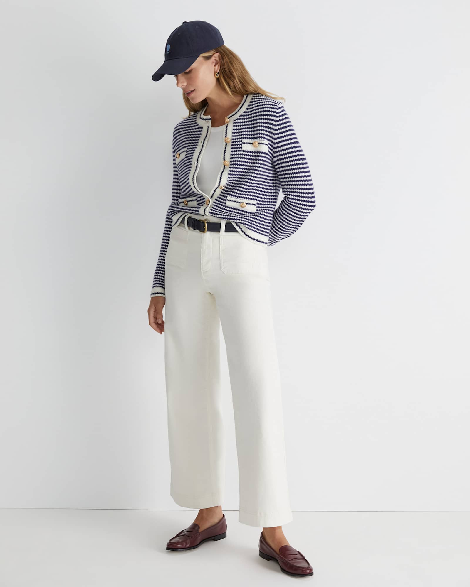 Joyce Merino Wool Cardigan in NAVY/WHITE