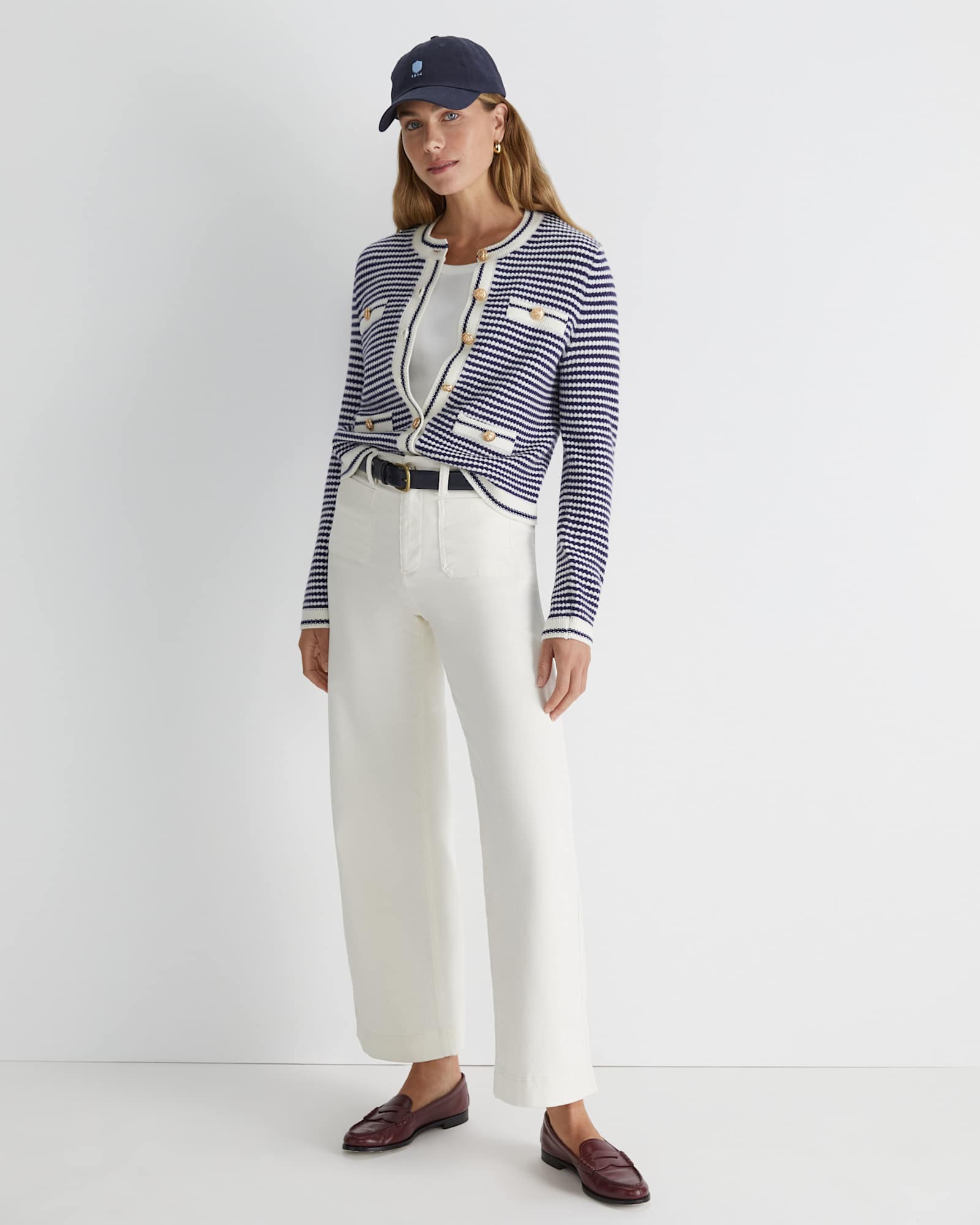Joyce Merino Wool Cardigan in NAVY/WHITE