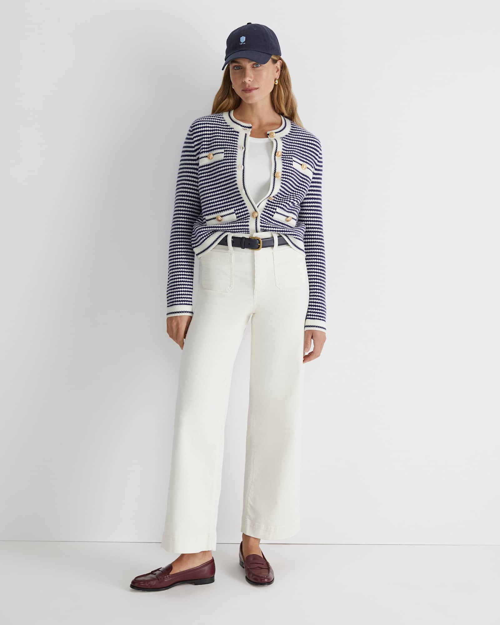 Joyce Merino Wool Cardigan in NAVY/WHITE