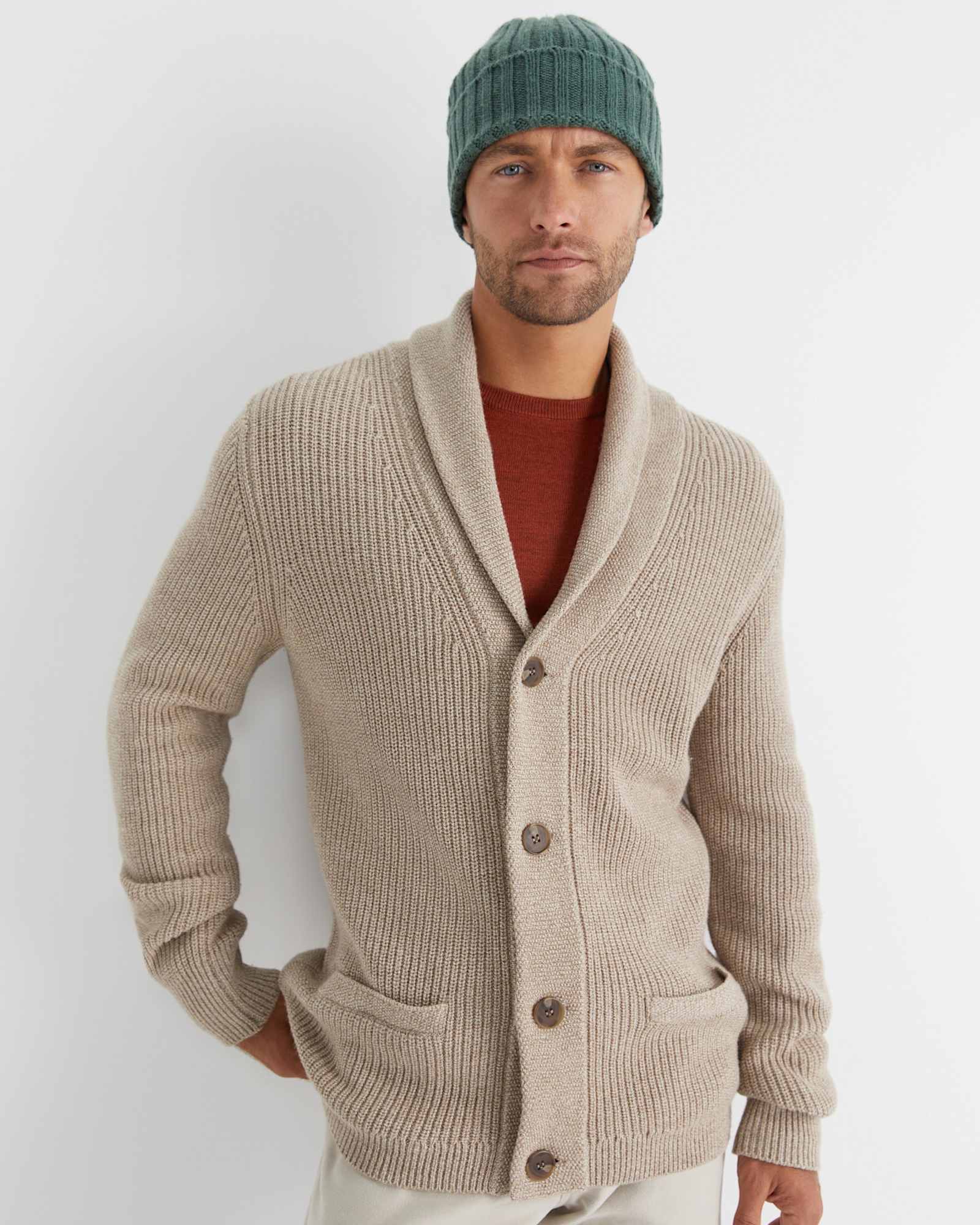 Nelson Merino Wool Cardigan in BISCUIT
