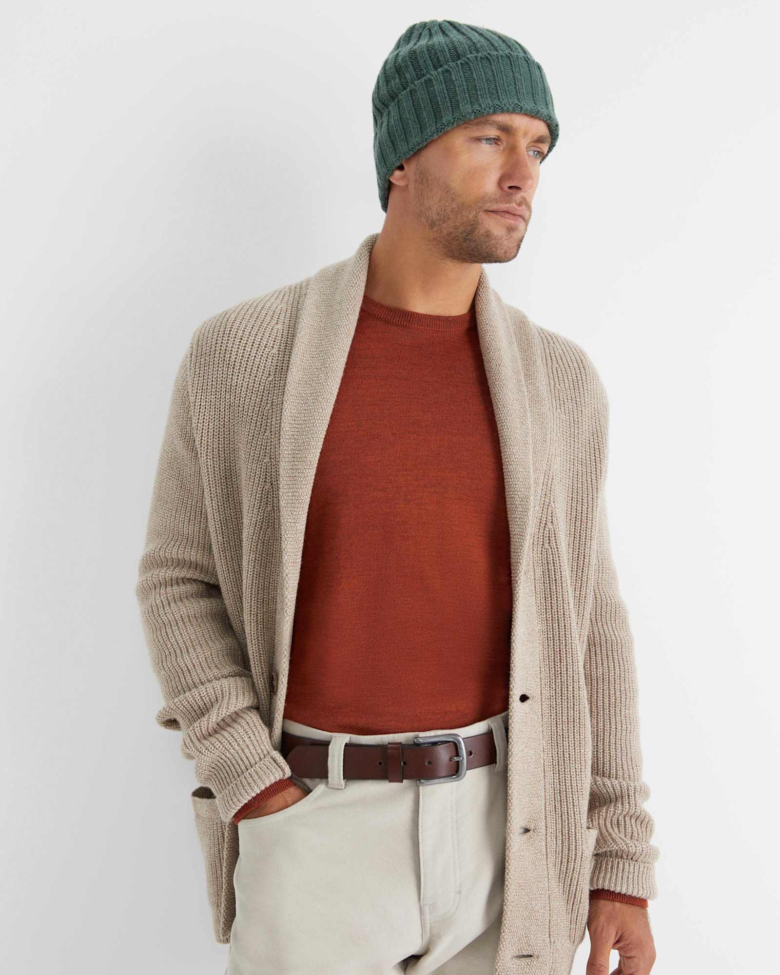 Nelson Merino Wool Cardigan in BISCUIT