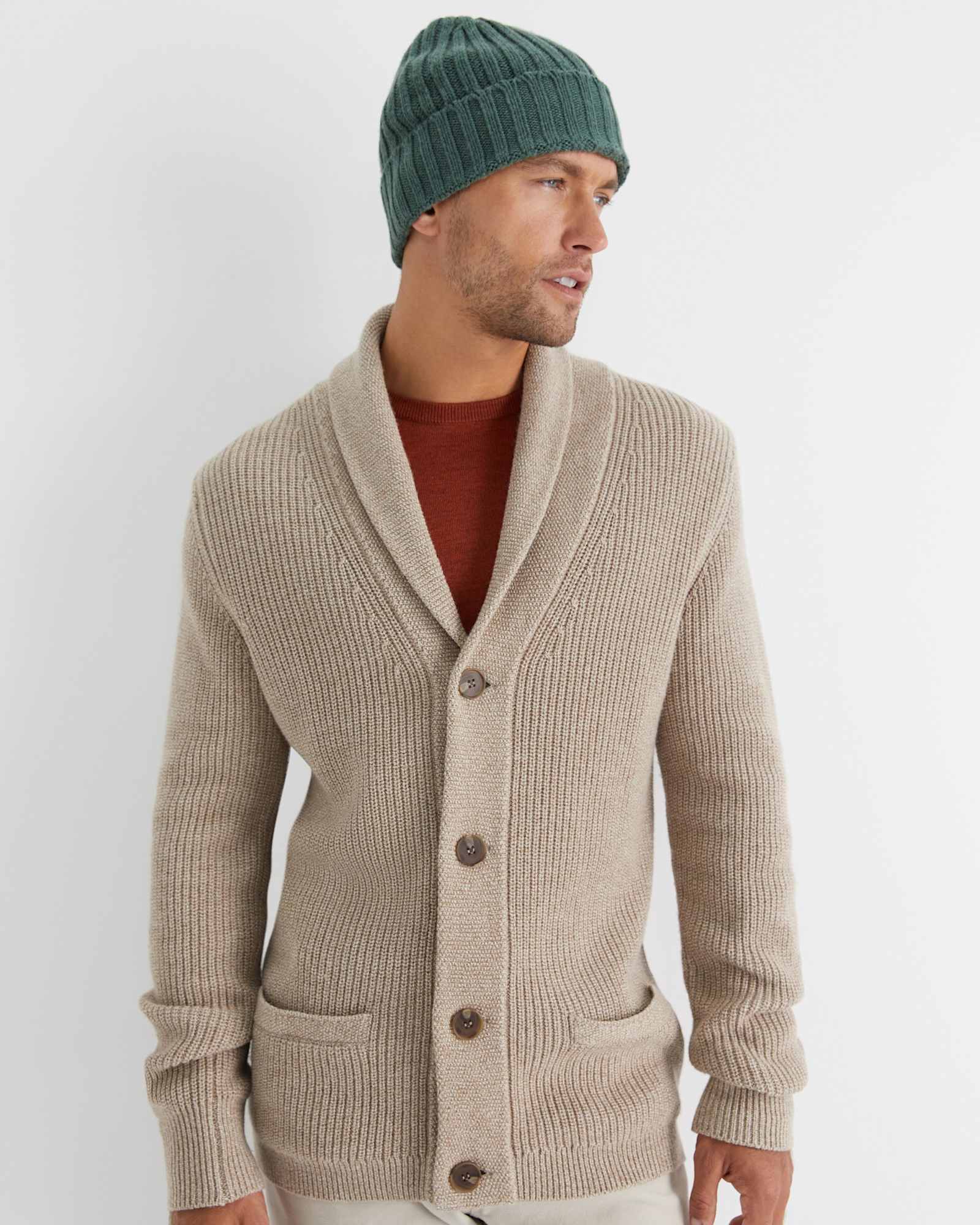 Nelson Merino Wool Cardigan in BISCUIT