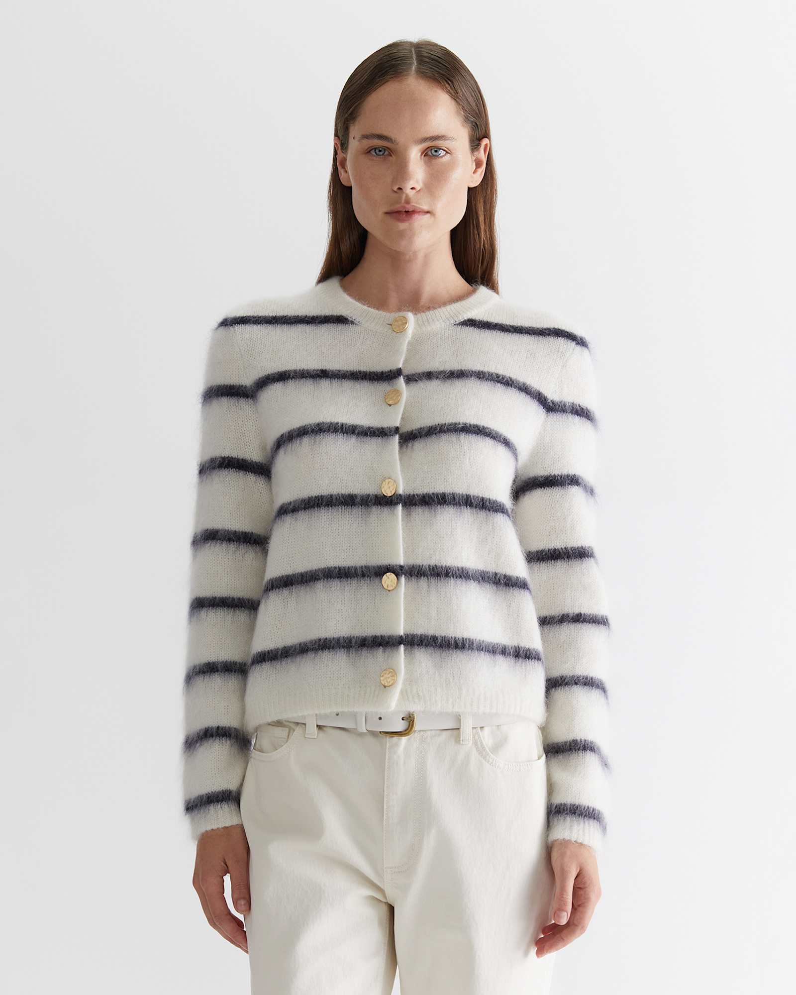 Tatiana Mohair Stripe Cardigan in WHITE/NAVY