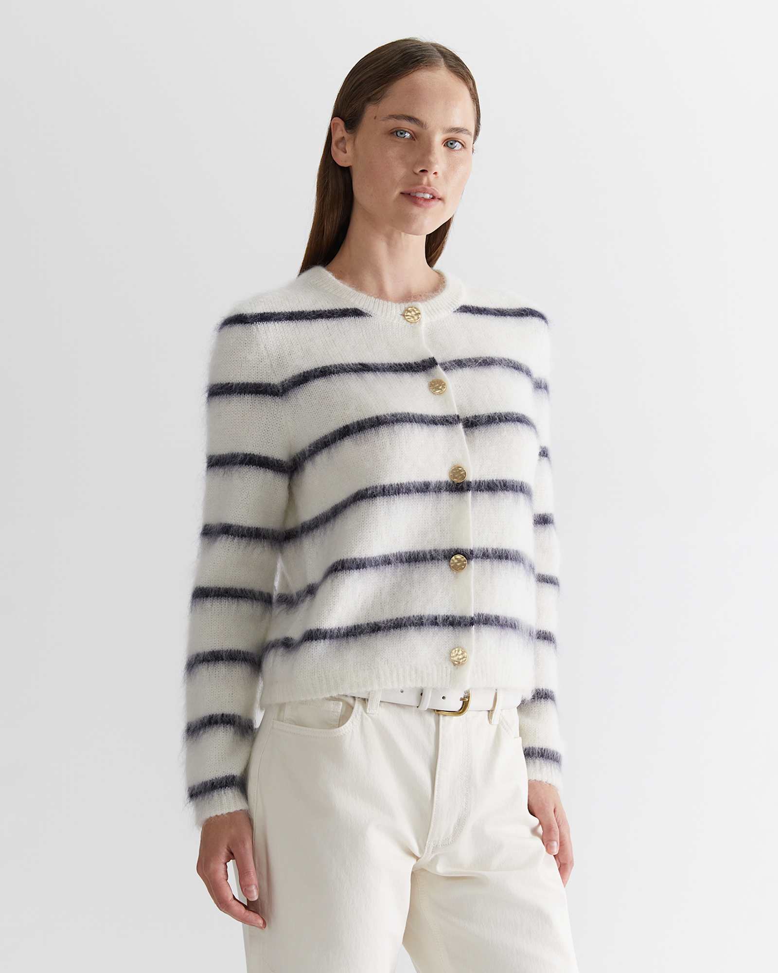 Tatiana Mohair Stripe Cardigan in WHITE/NAVY