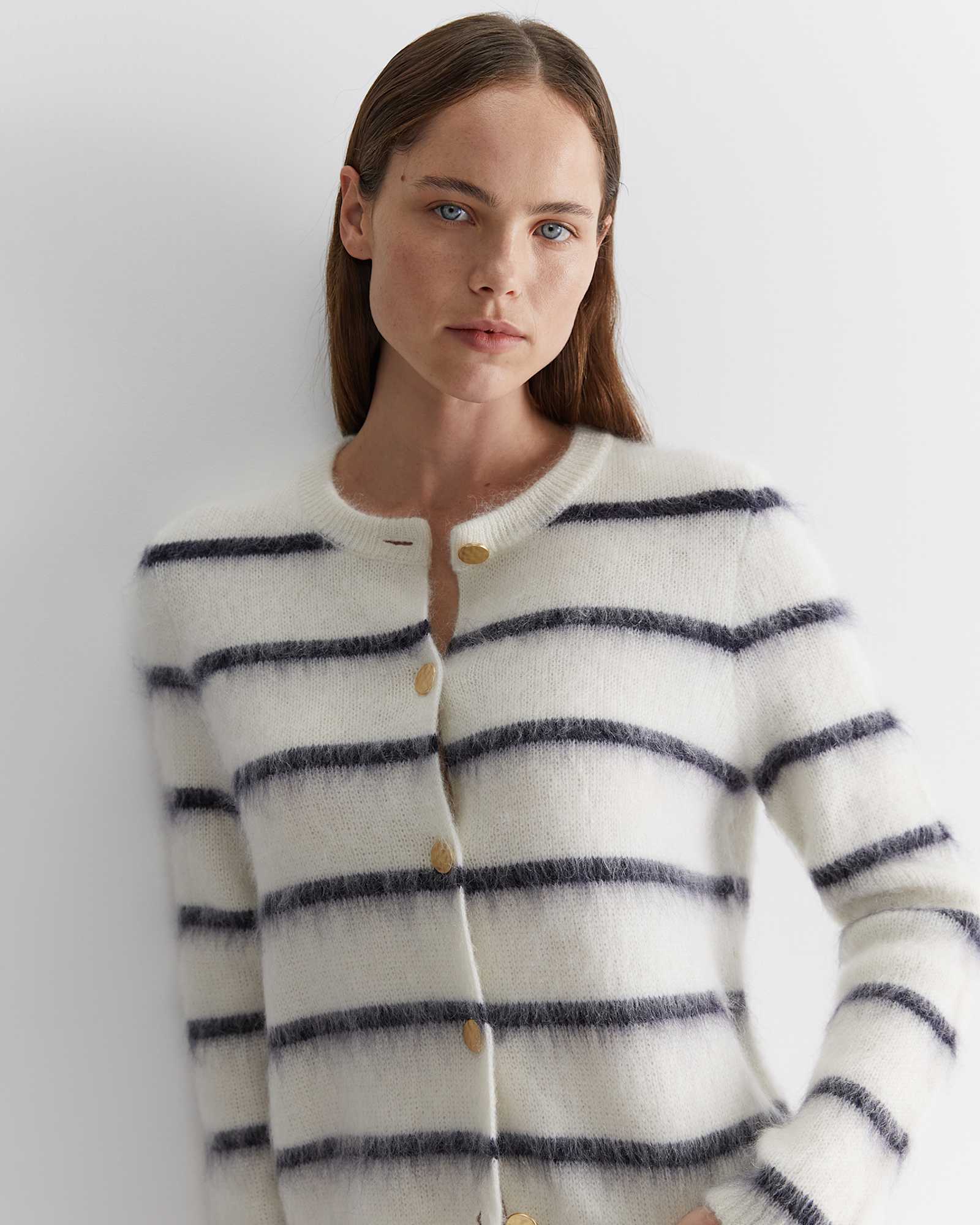 Tatiana Mohair Stripe Cardigan in WHITE/NAVY